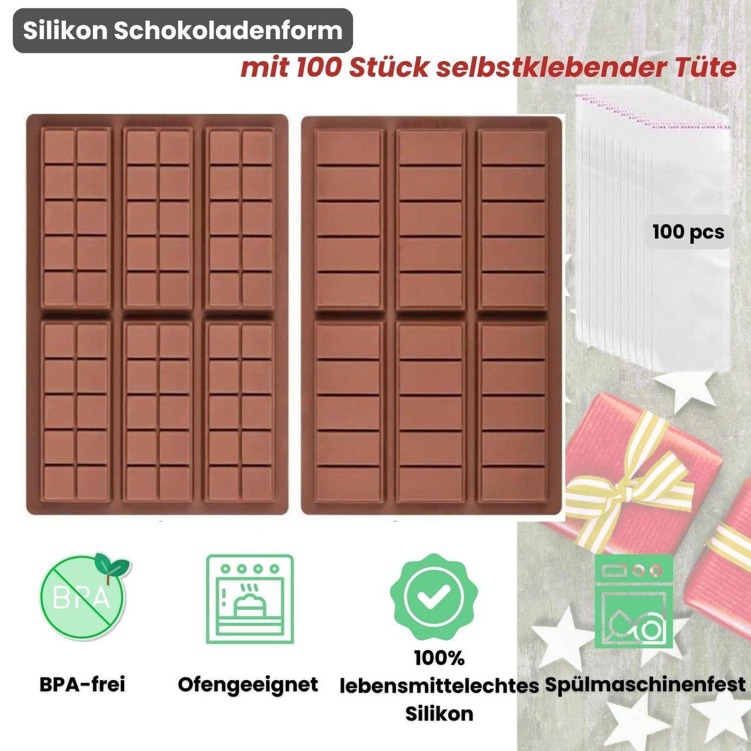 Produktbild einer Silikon-Schokoladenform mit zwei stäbchenförmigen Mulden, plus 100 selbstklebende Leckerli-Beutel; Symbole zeigen BPA-frei, ofenfest, spülmaschinenfest, Silikon in Lebensmittelqualität.