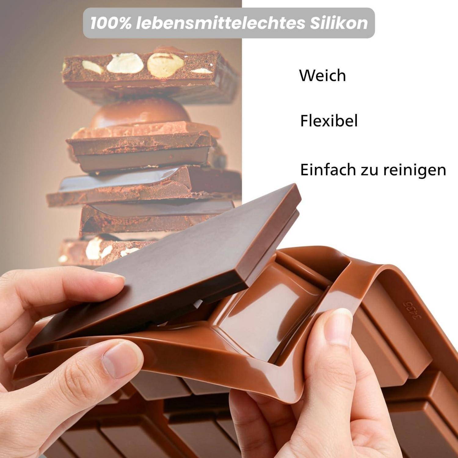 Hände dehnen eine flexible Schokoladenform aus; der deutsche Text besagt „100% lebensmittelechtes Silikon