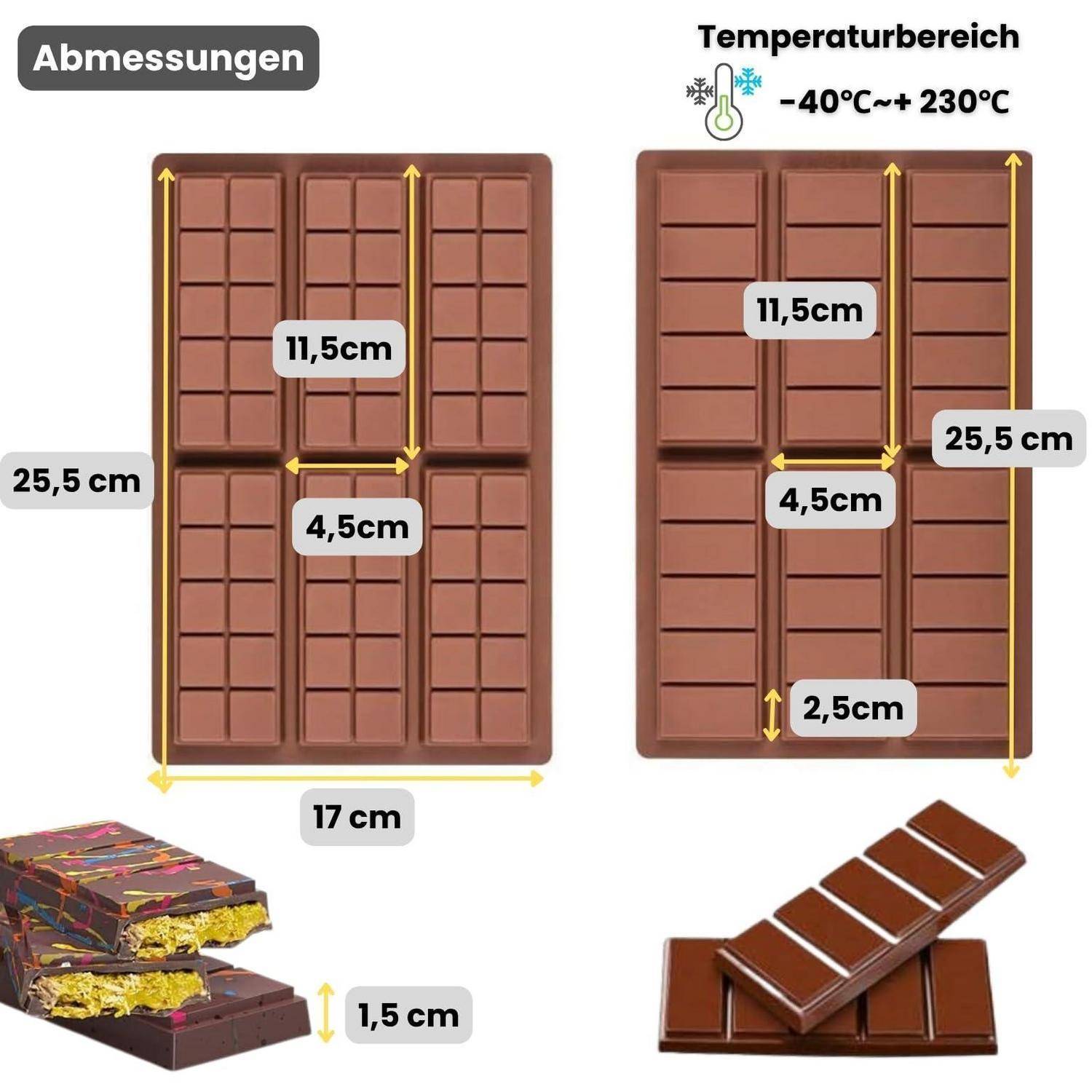 Dimensions- und Temperaturdiagramm für eine Schokoladenform: 17 cm breit, 25,5 cm hoch, 11,5 cm und 4,5 cm Abschnitte, 2,5 cm Basis; einsetzbar von -40°C bis +230°C.