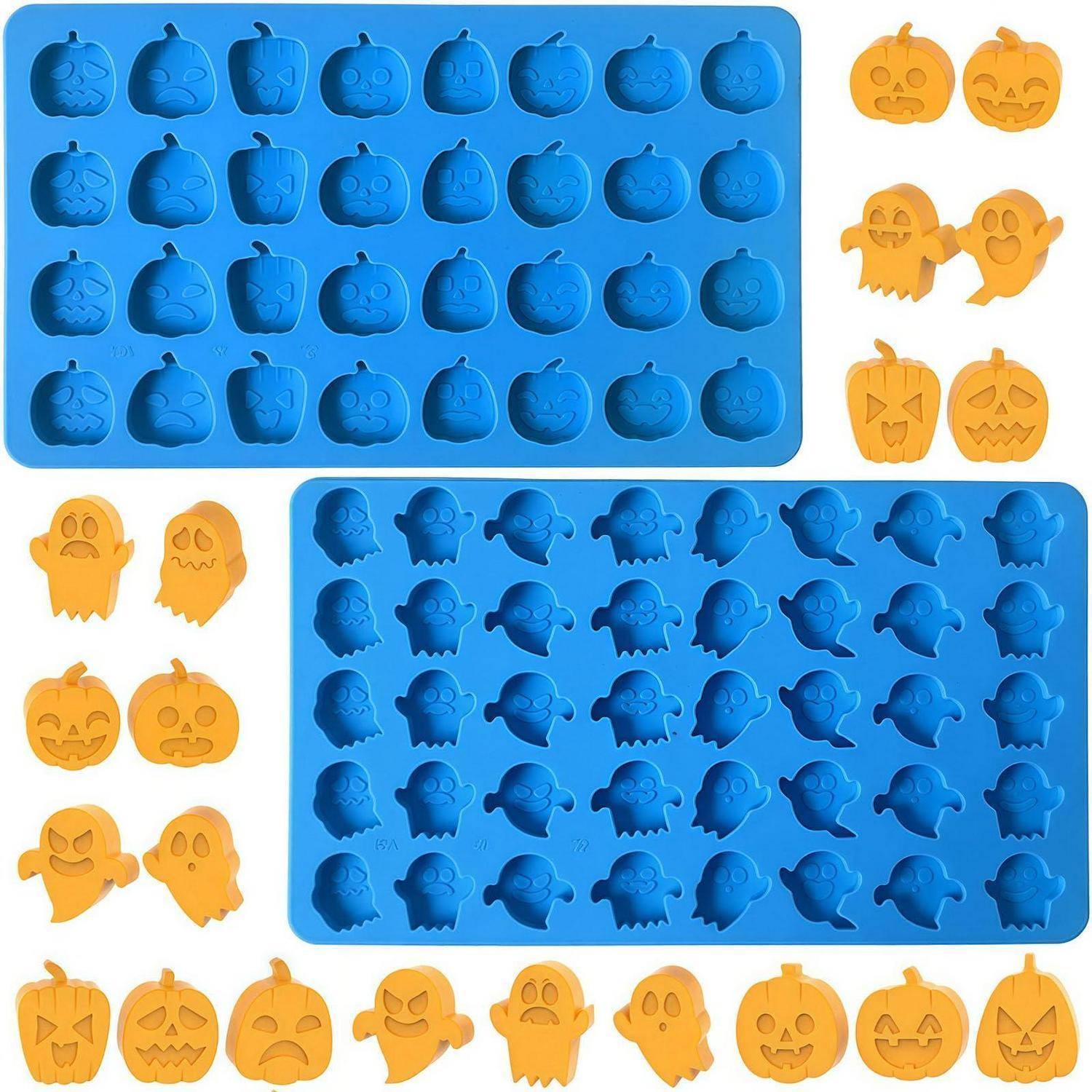Zwei Silikon-Halloween-Süßigkeitsformen mit blauen und orangefarbenen Gespenster- und Kürbisgesicht-Formen, gezeigt von vorne und von der Seite.