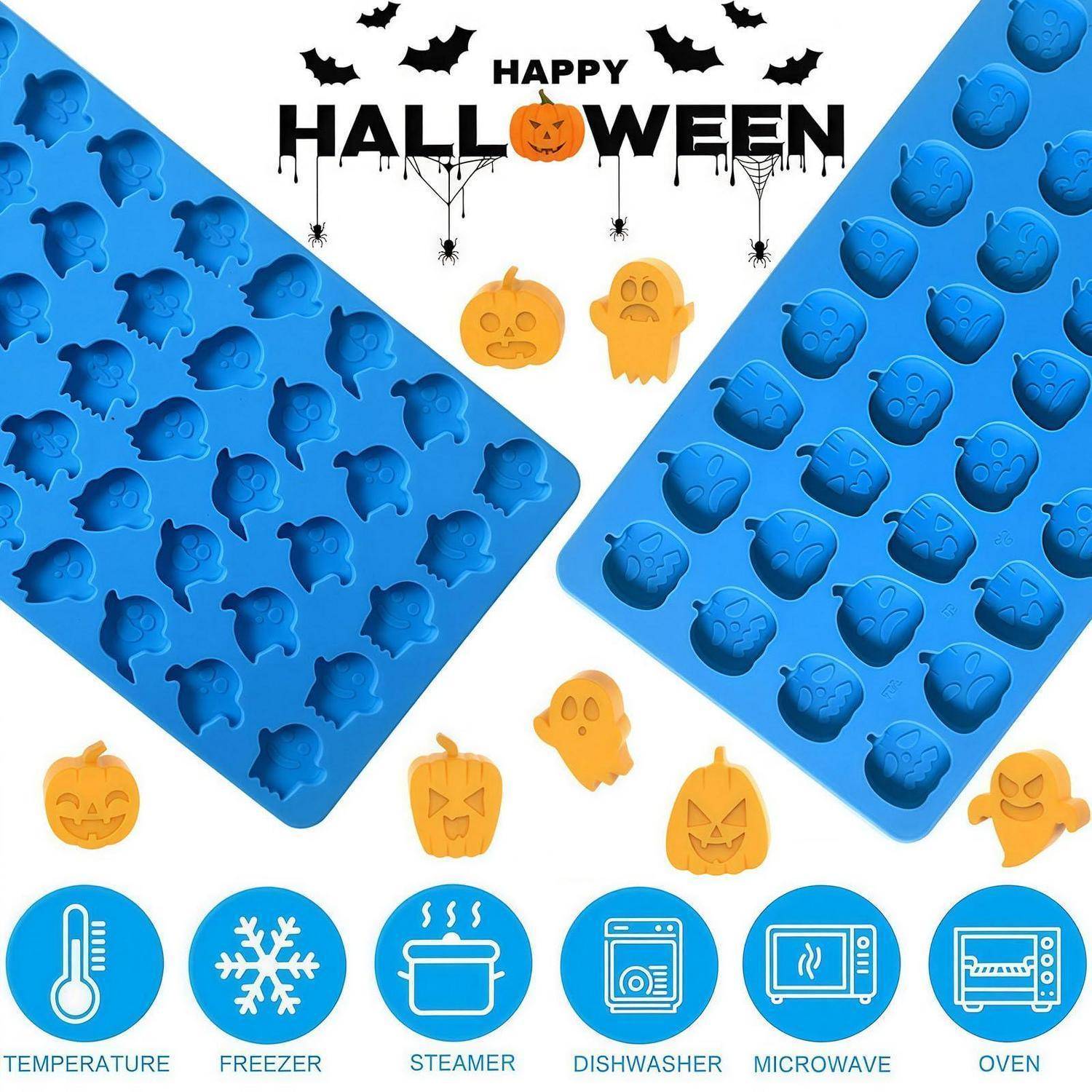 Halloween-Design-Produktgrafik zeigt zwei blaue Silikonformen mit Kürbis-, Gespenst- und Fledermaus-Formen, plus Symbole für Hitzebeständigkeit, Gefriergeräteeignung, Dampfgarer-, Spülmaschinen-, Mikrowellen- und Ofensicherheit.