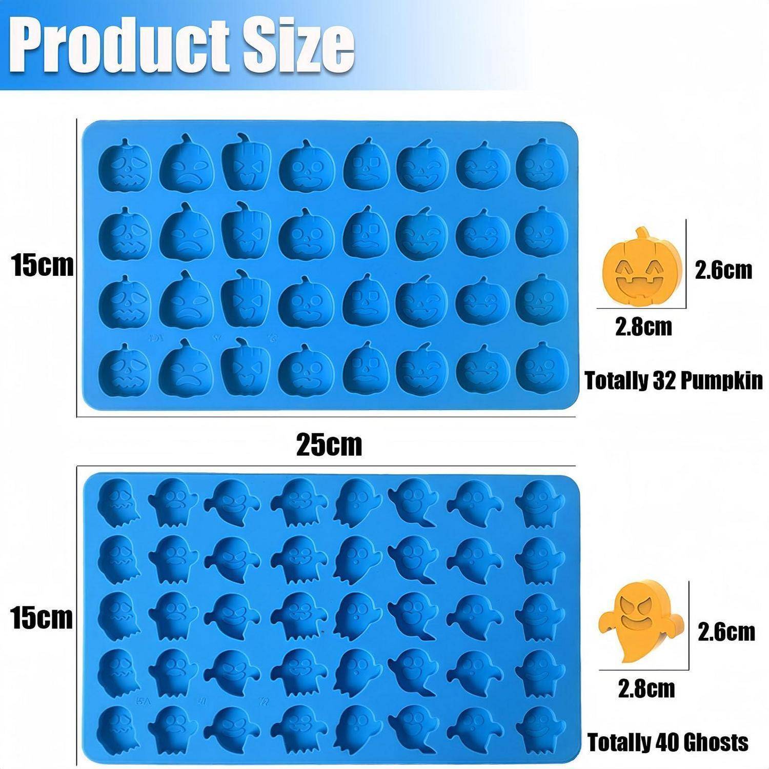 Produktgrößentabelle mit zwei blauen Silikon-Backformen: Eine Kürbis-Form, 25 cm x 15 cm, mit 32 Vertiefungen von je 2,8 cm x 2,6 cm, und eine Gespenster-Form, 25 cm x 15 cm, mit 40 Vertiefungen der gleichen Größe.