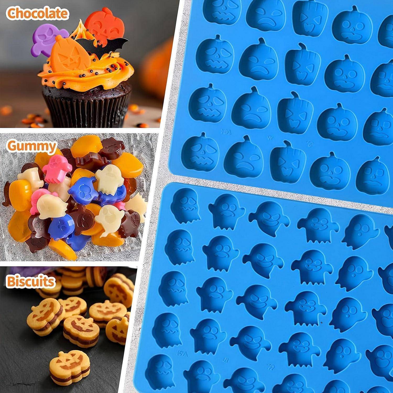 Collage mit Halloween-Thema zeigt orange, lila und gelbe Kürbisgesicht-Süßigkeiten und zwei blaue Silikonformen mit Kürbis-, Gespenst- und Fledermausformen.