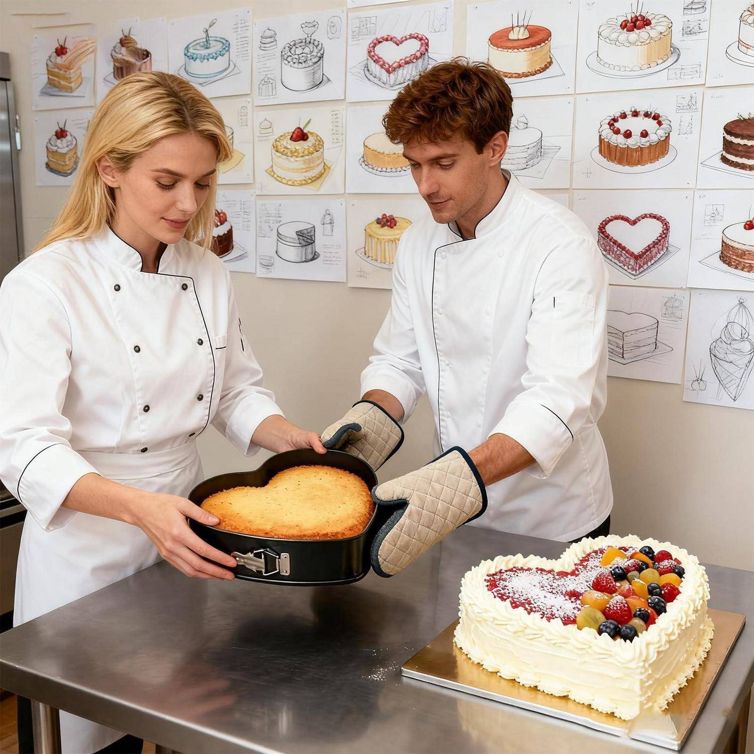Zwei Pastry-Chefs in weißen Uniformen übertragen sorgfältig eine Kuchenschicht in einer Backform neben einem dekorierten rechteckigen Obst-Kuchen, mit Kuchen-Design-Skizzen an der Wand.
