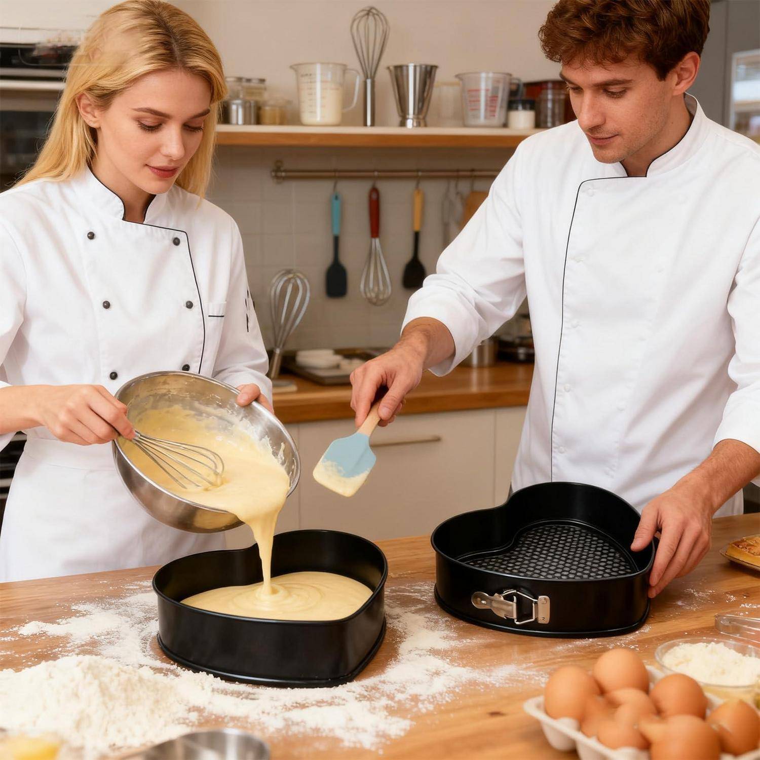 Zwei Köche in weißen Kitteln bereiten einen Kuchen zu und gießen Teig in eine herzförmige Backform in einer Küche mit Zutaten auf der Arbeitsplatte.