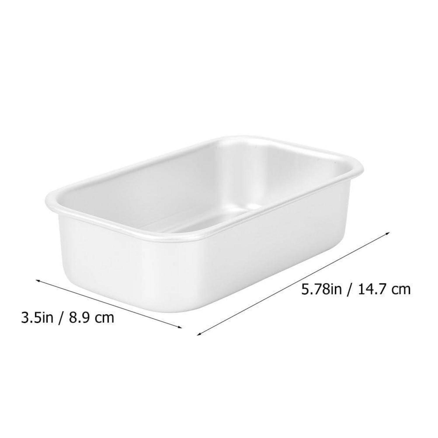 Weißer rechteckiger Kunststoff-Lebensmittelbehälter mit beschrifteten Abmessungen 5,78 Zoll / 14,7 cm Länge und 3,5 Zoll / 8,9 cm Breite.
