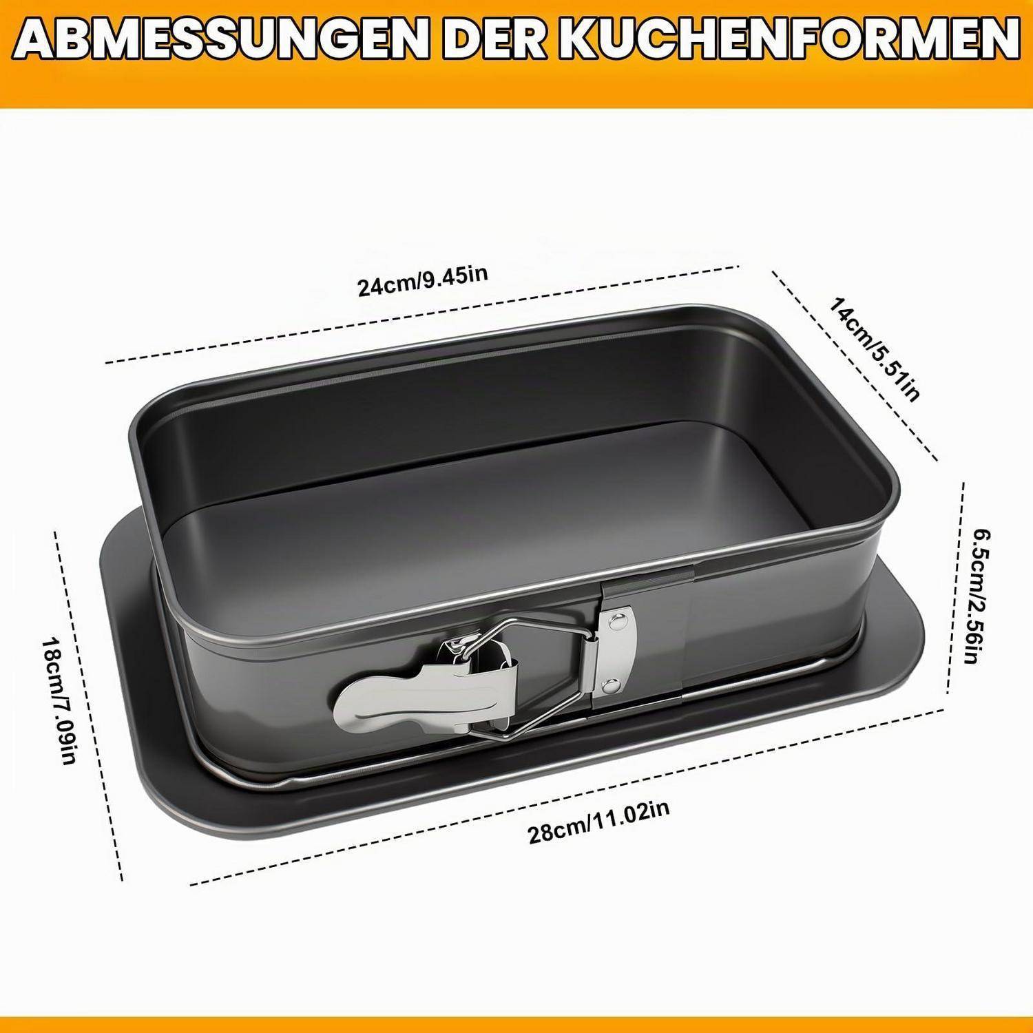 Diagramm einer Kastenbackform mit Springformmechanismus mit den Abmessungen: 24 cm Länge, 14 cm Breite, 6,5 cm Tiefe und 28 cm Grundfläche.
