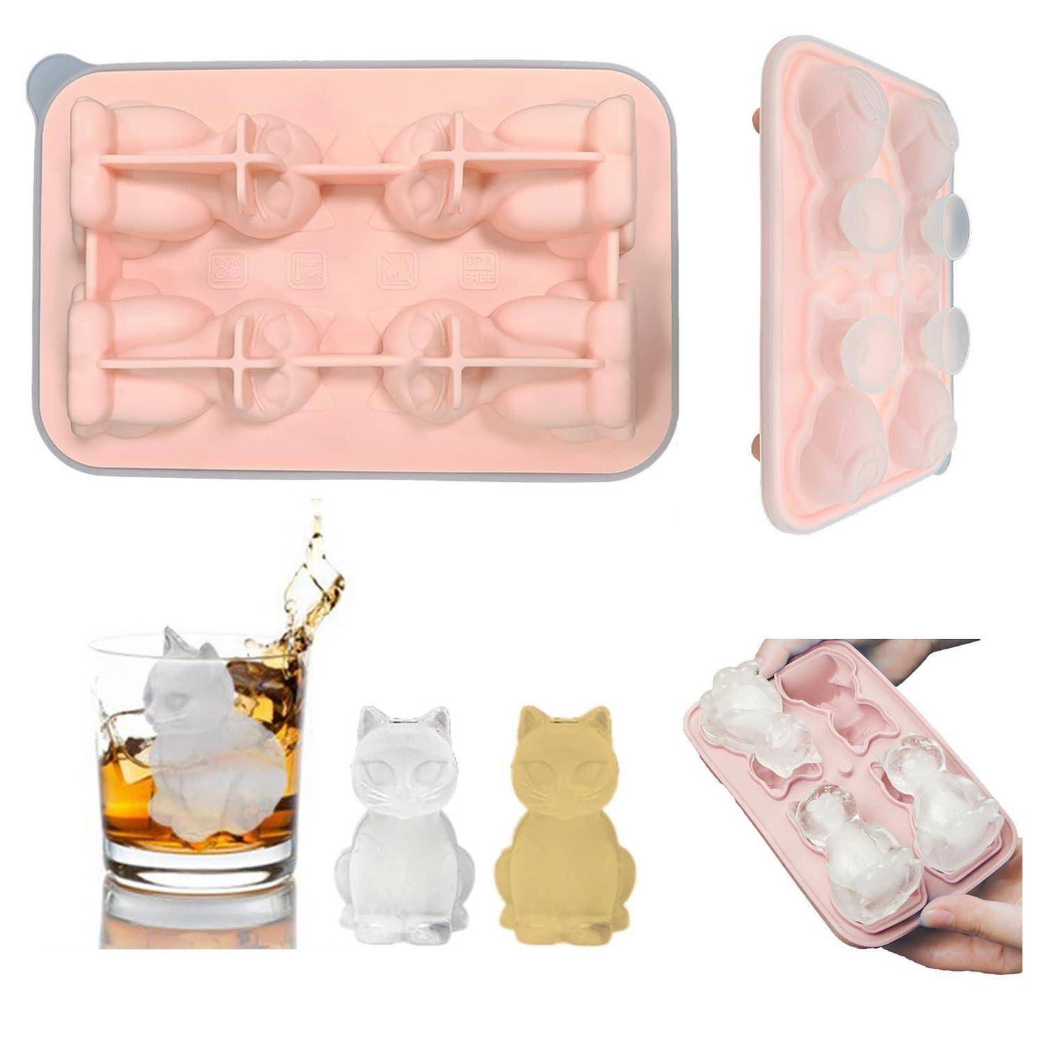Eiswürfelform Silikon Katzen 4 Fächer 3D mit Deckel