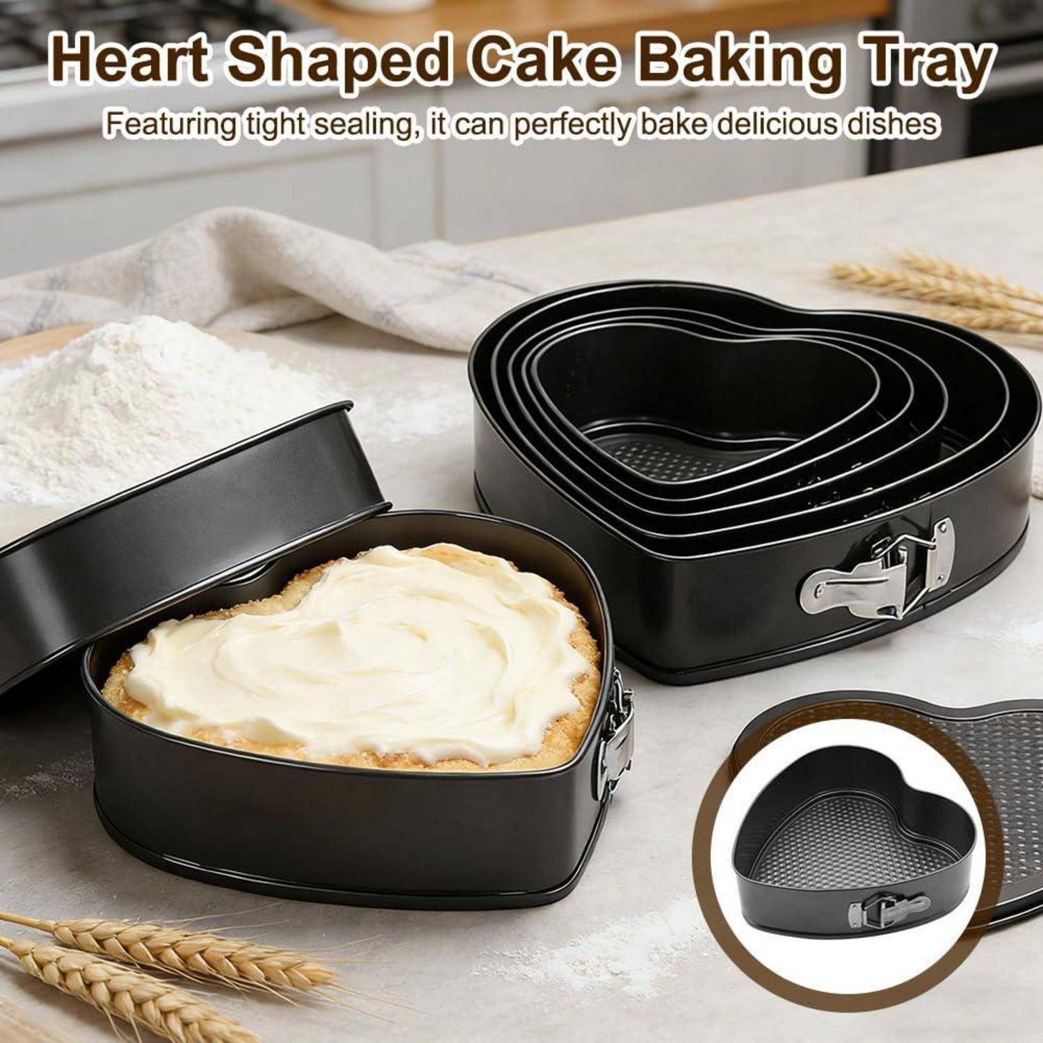 Herzförmiger Backblechsatz mit Verschluss, der verschachtelte Pfannen zeigt und eine mit Zuckerguss bedecktem Kuchen gefüllte Pfanne; Der Text besagt „Herzförmiges Kuchenblechset" und „Mit dichter Versiegelung kann es perfekt köstliche Gerichte backen"".