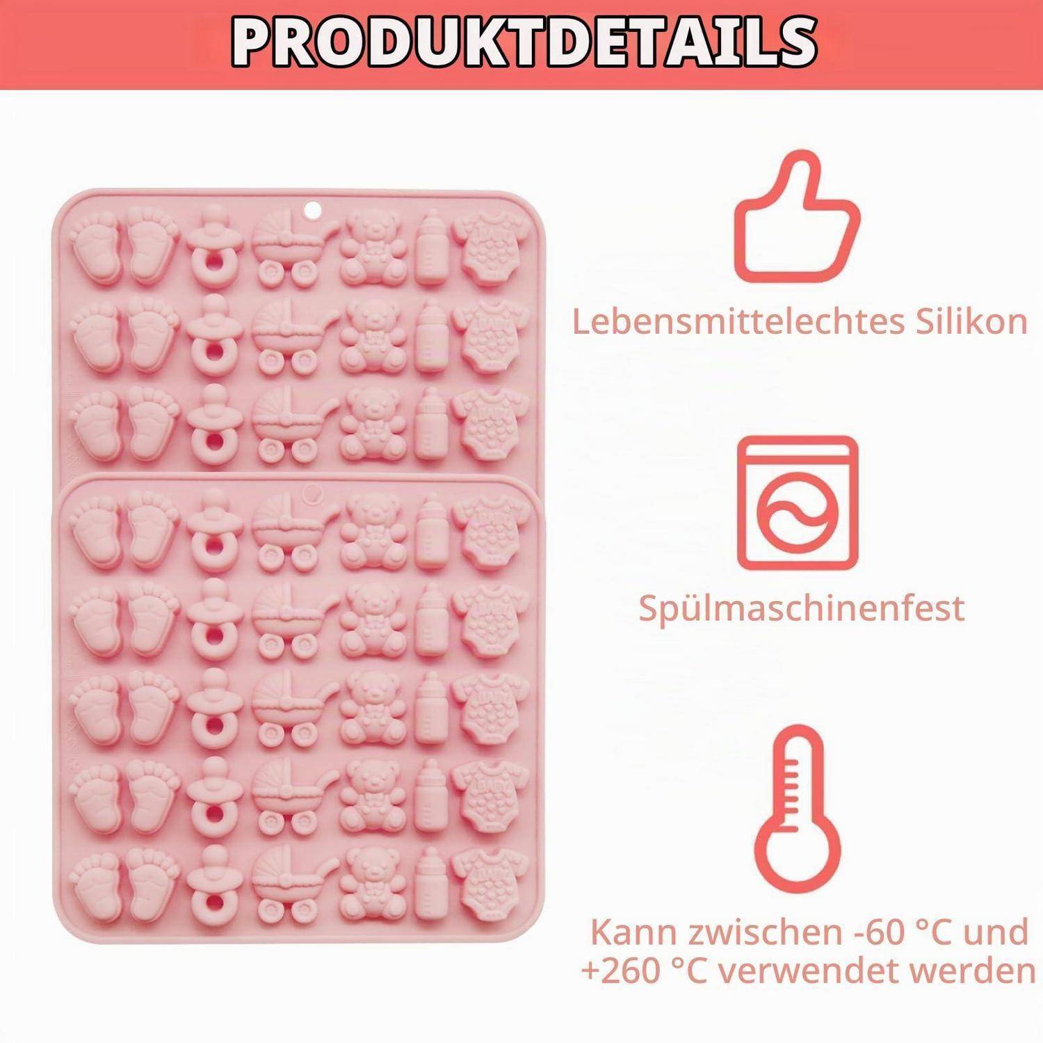 2er Set Silikonform Babyparty, antihaftbeschichtet, Rosa