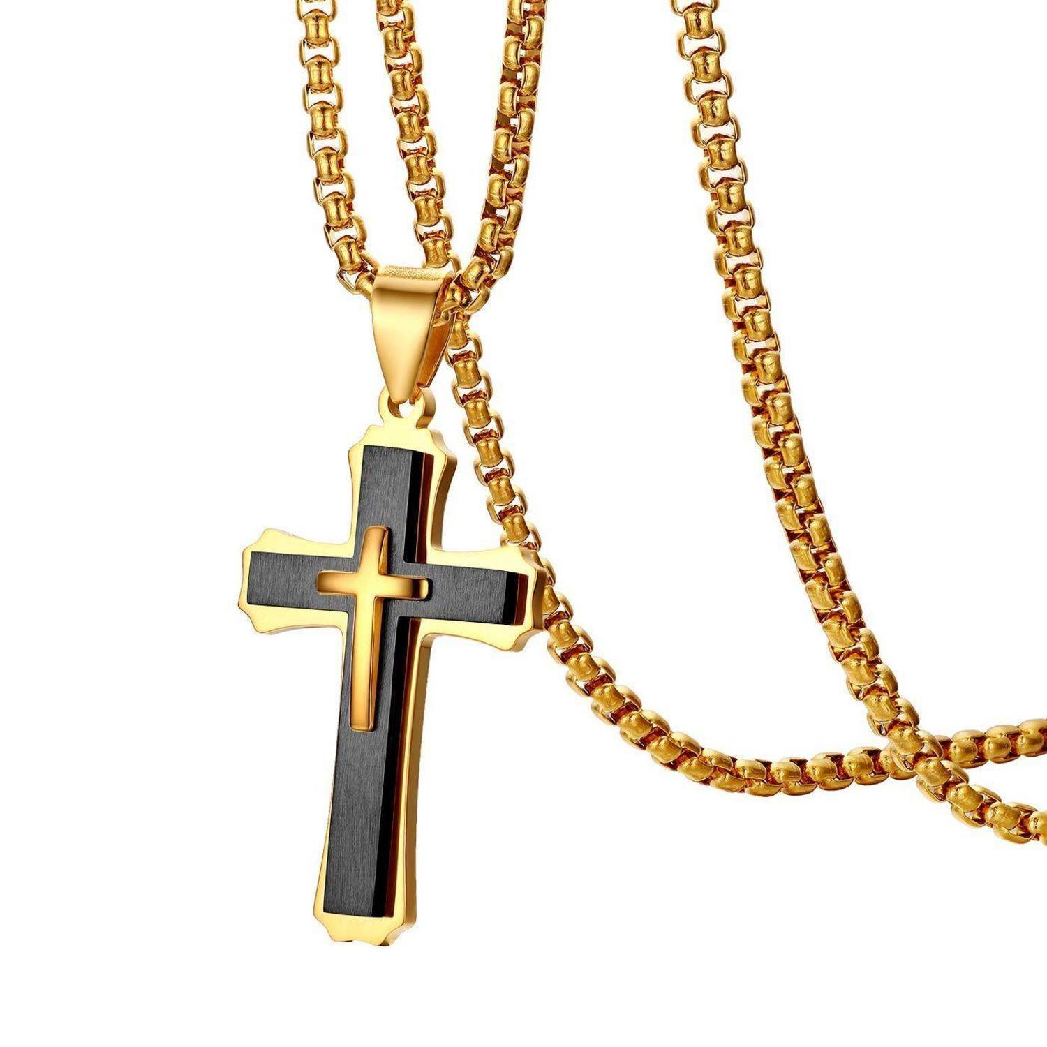 Kette mit Anhänger Kreuz Edelstahl Schwarz Gold 56cm