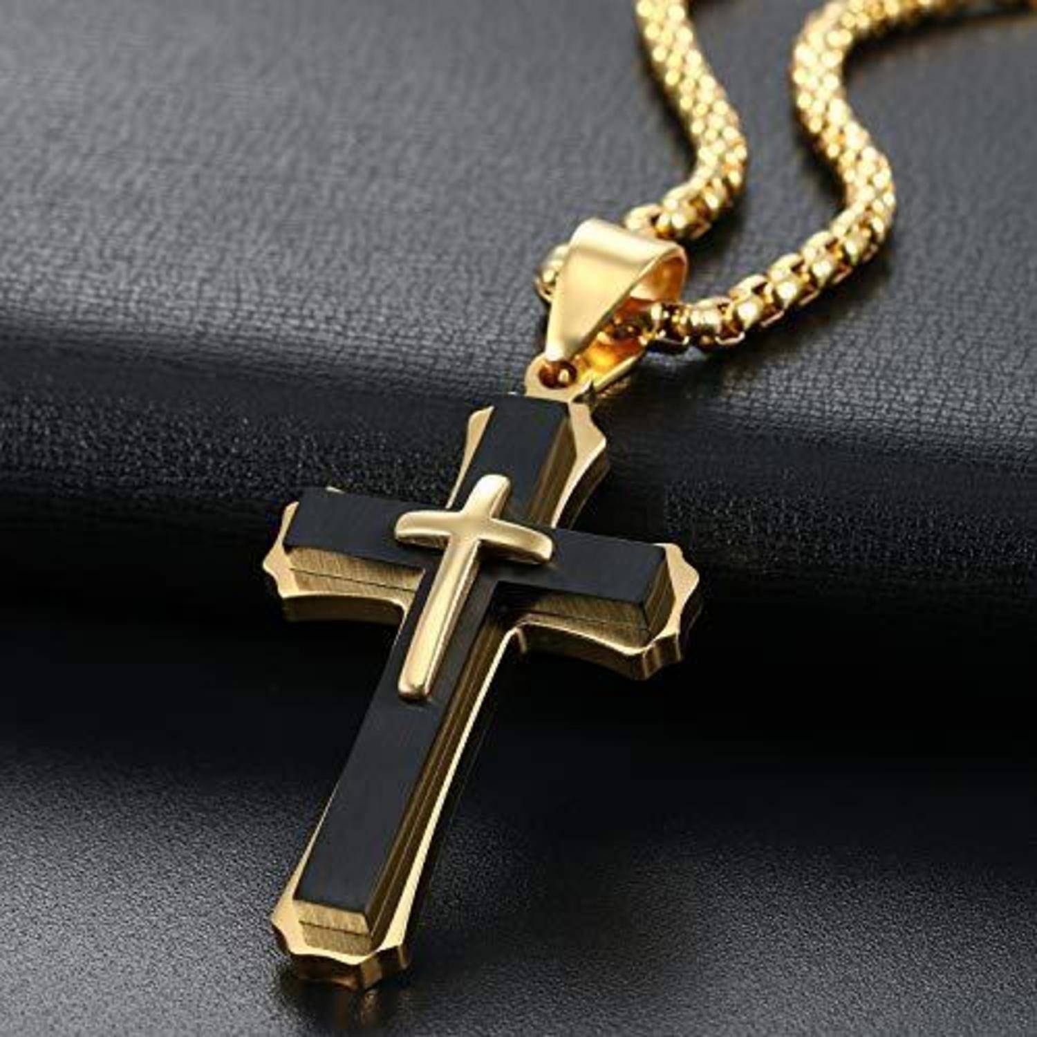 Kette mit Anhänger Kreuz Edelstahl Schwarz Gold 56cm