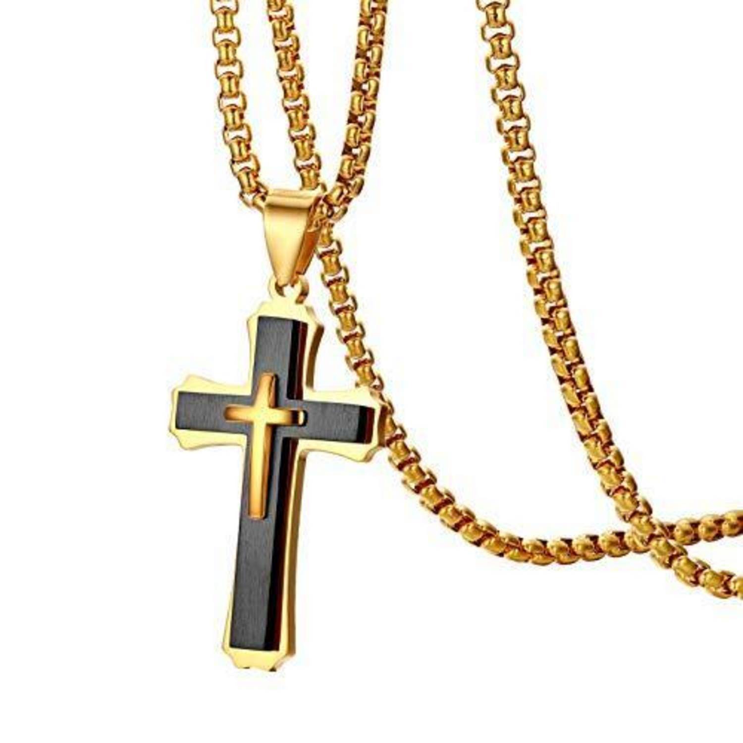 Kette mit Anhänger Kreuz Edelstahl Schwarz Gold 56cm