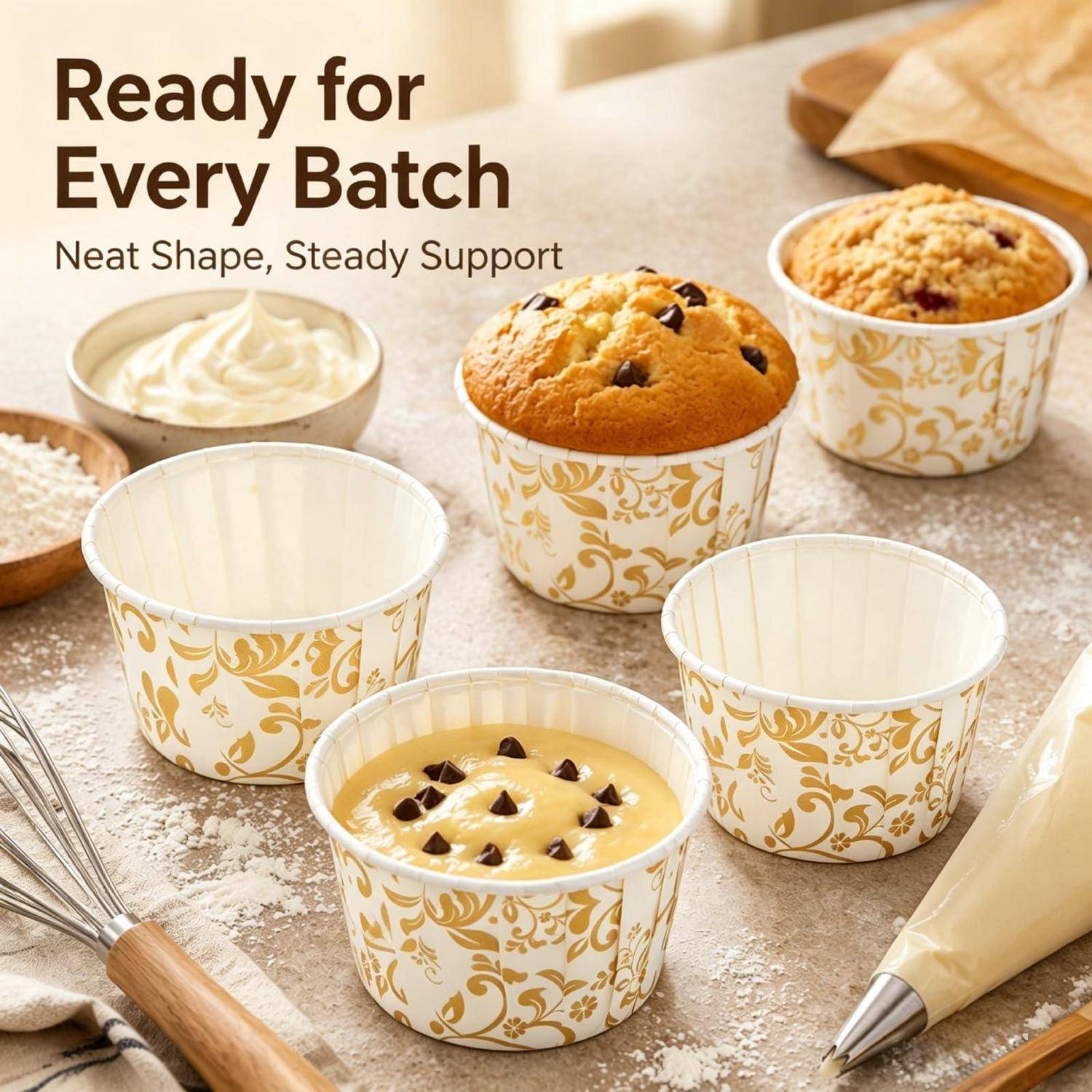 Backförmchen mit Muffins und Teig, beschriftet mit „Bereit für jeden Teig" und „Saubere Form, sicherer Halt"".