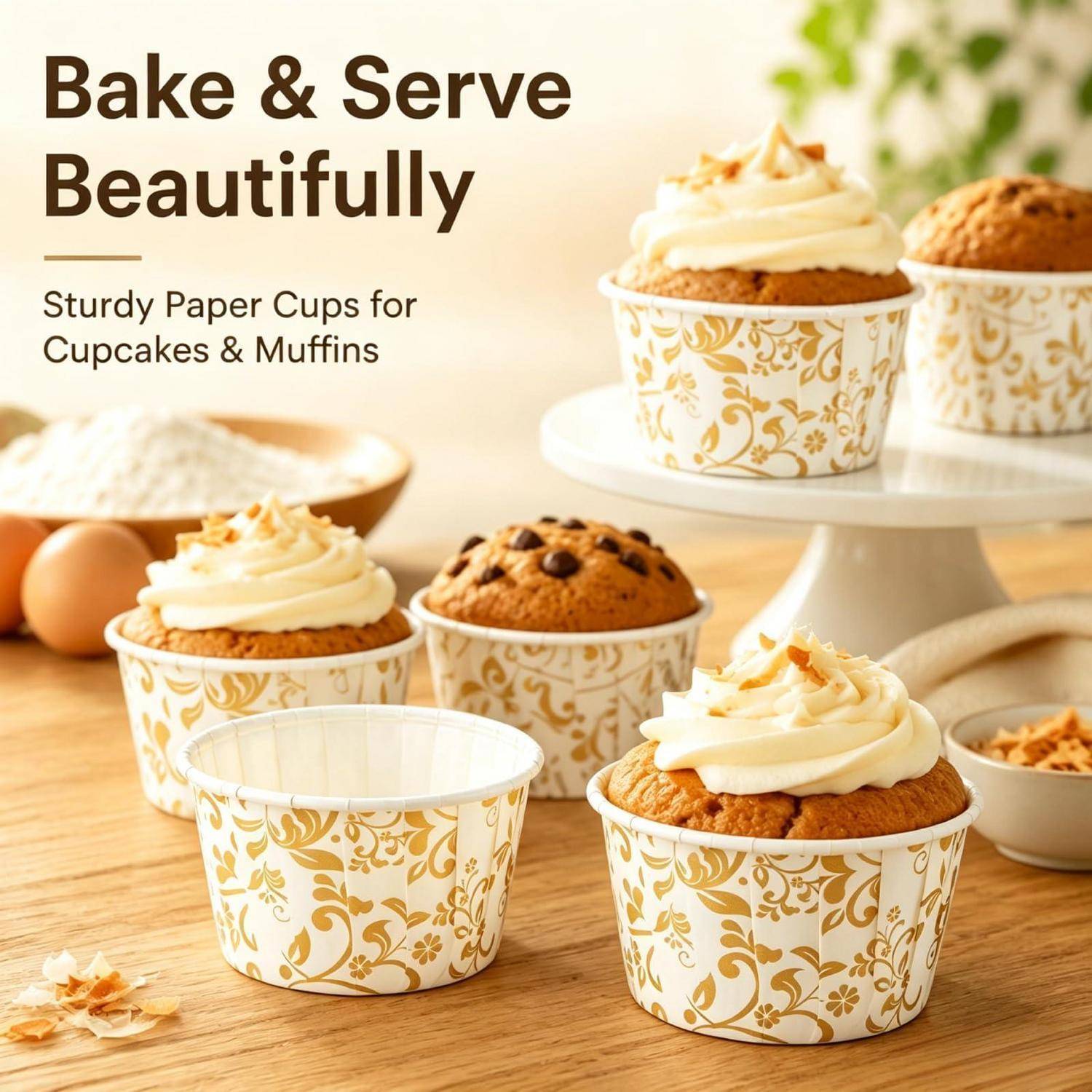 Anzeige für dekorative Papiertassen mit Cupcakes und Muffins, auf denen steht „Backen & Schön Servieren" und „Stabile Papiertassen für Cupcakes & Muffins"".