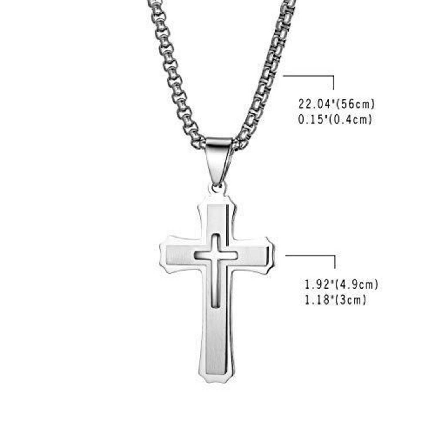 Silbernes Kreuzanhänger-Halskette an einer Kette, gezeigt mit Abmessungen von 22,04 Zoll (56 cm) Kettenlänge und 1,92 x 1,18 Zoll (4,9 x 3 cm) Kreuggröße.