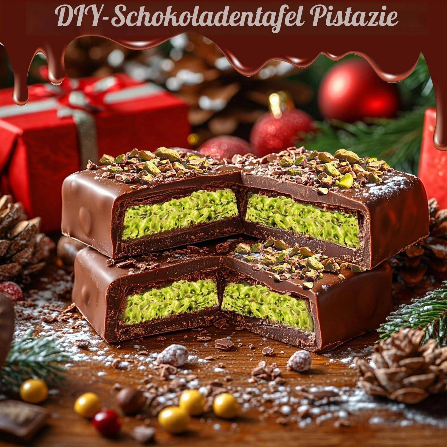 Schokoladenpistazien-Riegel aufgeschnitten, um die leuchtend grüne Füllung zu zeigen, mit gehackten Pistazien bestreut; festliche Weihnachtsdeko und der Text „DIY-Schokoladentafel Pistazie