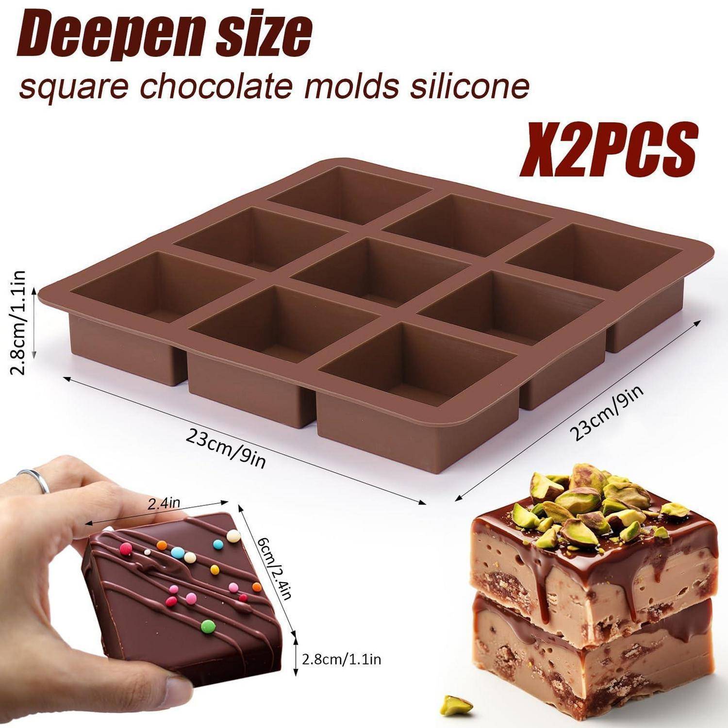 Quadratische Silikon-Schokoladenformen mit 9 Mulden, beschriftet X2PCS, 23 cm x 23 cm und 2,8 cm tief; zeigt fertige Schokoladenquadrate und Größenabmessungen.