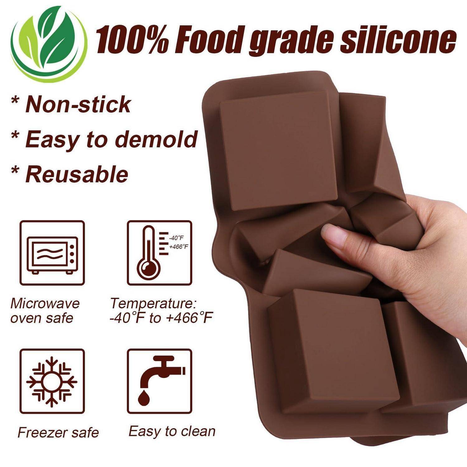 Anzeige für eine braune Silikonform, die in einer Hand gehalten wird, mit der Beschriftung 