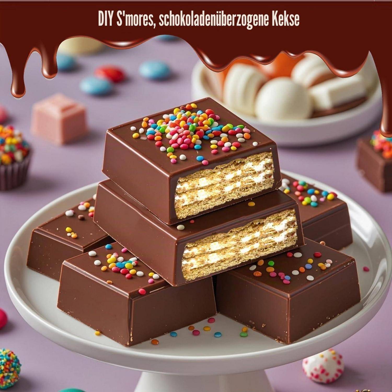 Gestapelte schokoladenüberzogene Keksstangen, die mit farbigen Streuseln garniert sind und auf einem Teller angerichtet werden, mit der Bezeichnung „DIY S'mores, schokoladenüberzogene Kekse