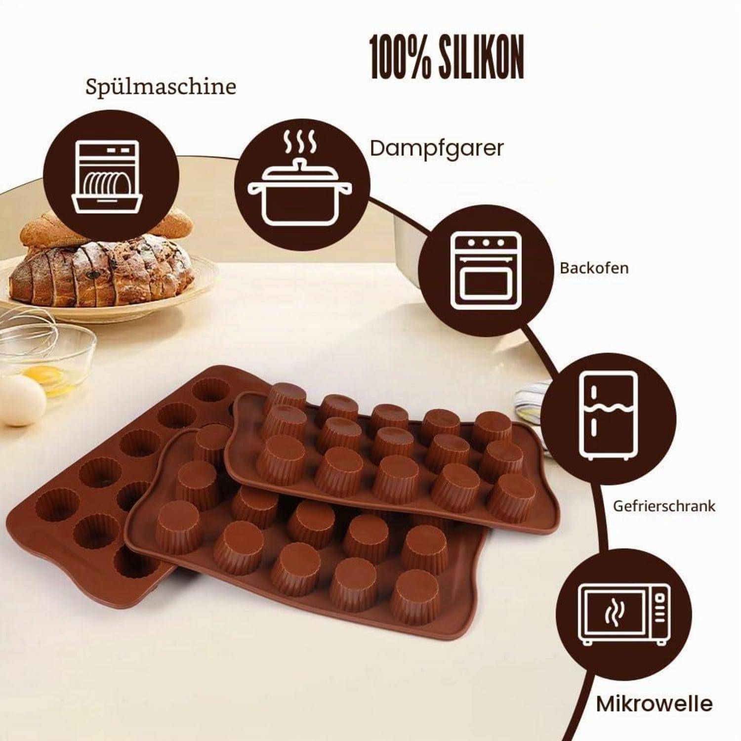 Infografik aus braunem Silikonbackzubehör mit Symbolen, die zeigen, dass es zu 100 % aus Silikon besteht und sicher für Spülmaschine, Dampfgarer, Ofen, Gefrierschrank und Mikrowelle ist.