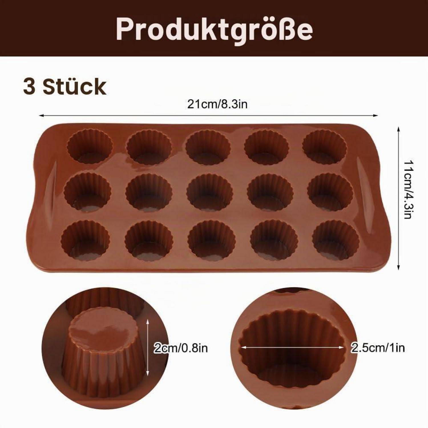 Produktgrößenbild einer braunen Silikon-Mini-Muffinform mit 12 gerippten Mulden, mit den Maßen 21 cm x 11 cm; jede Mulde ist 2 cm tief und 2,5 cm breit.