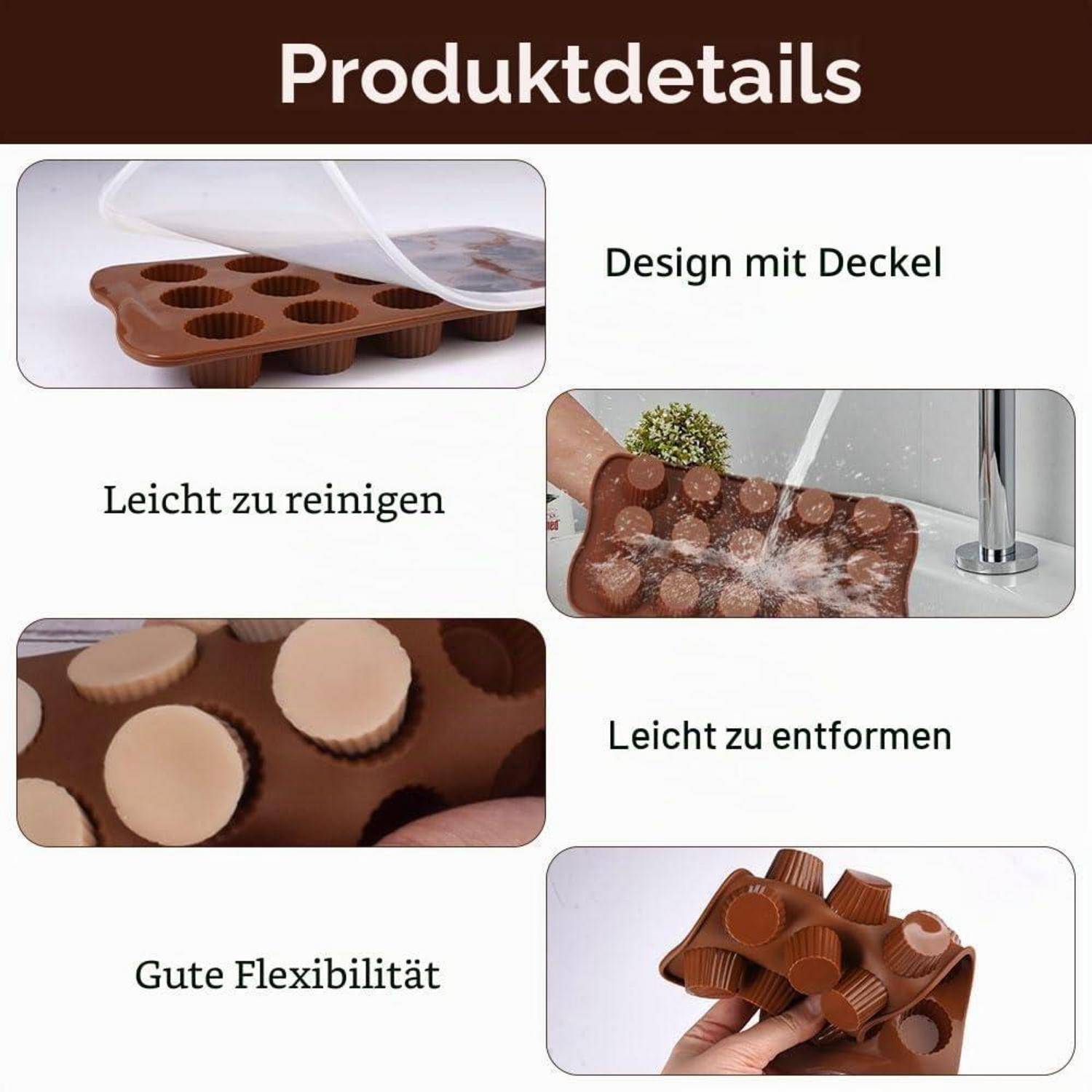 Produktdetails-Panel, das eine flexible braune Silikonform mit Deckel zeigt; Beschriftungen heben leichte Reinigung, einfache Entformung und gute Flexibilität hervor.