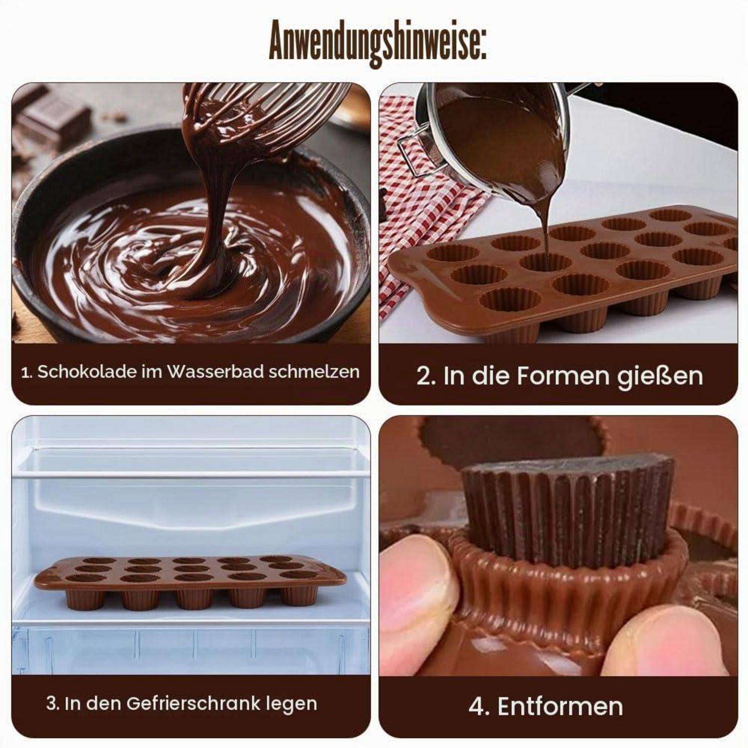 Anleitung zum Herstellen von Schokoladenformen: Schokolade in einem Wasserbad schmelzen, in Formen gießen, einfrieren, dann aus der Form lösen.