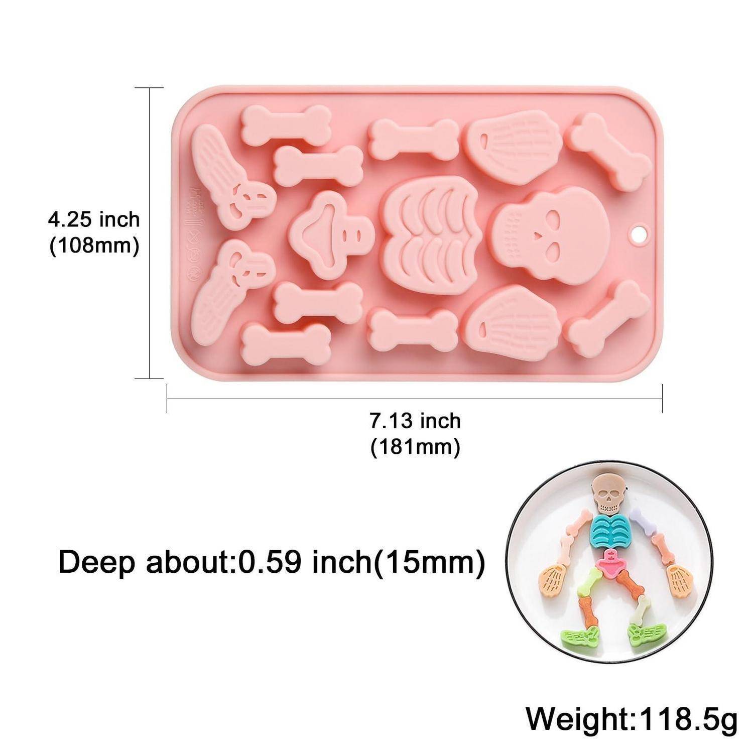 Rosa Silikon-Gussform mit Knochen, Rippe, Schädel, Hand, Fuß und anderen Teilen; beschriftet 7,13 x 4,25 Zoll, 0,59 Zoll tief, 118,5 g.