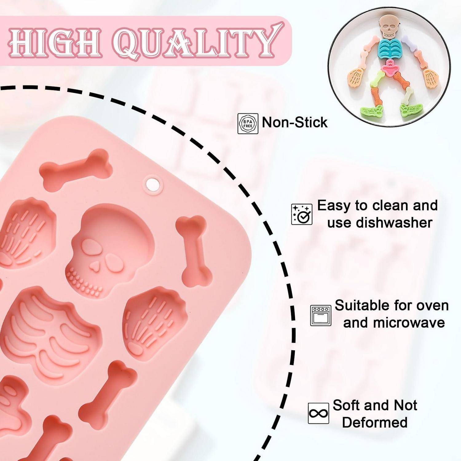 Rosa Silikon-Backform in Schädelform mit der Bezeichnung „High Quality", mit Symbolen, die rutschfrei, spülmaschinenfest, ofen- und mikrowellengeeignet sowie weiches, verformungsbeständiges Material kennzeichnen.