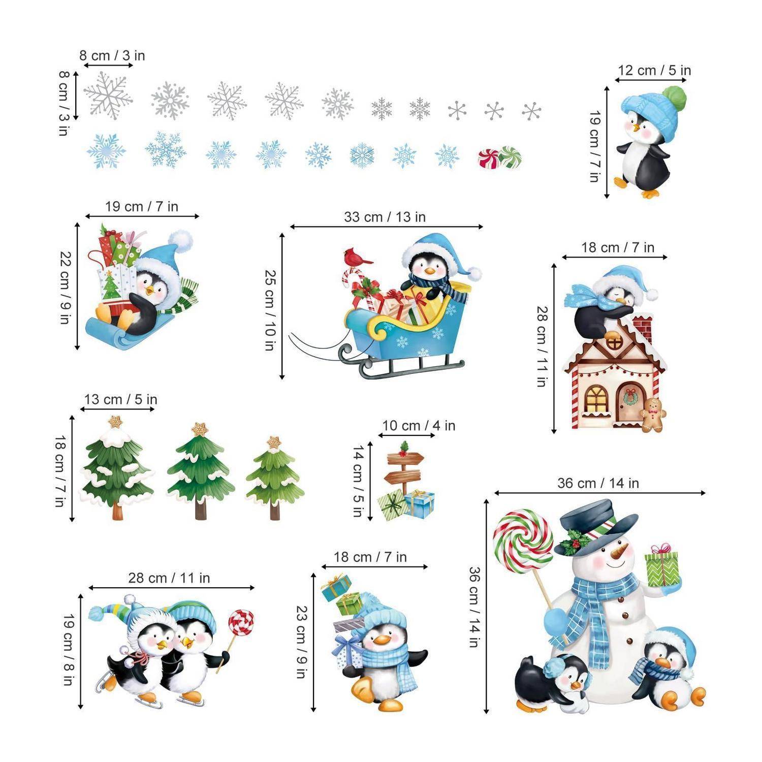 Collage von Winterfeiertagsstickern mit Pinguinen, Schneemännern, Weihnachtsbäumen, Schneeflocken, Zuckerstangen, Geschenken und einem Lebkuchenhaus mit Größenangaben.