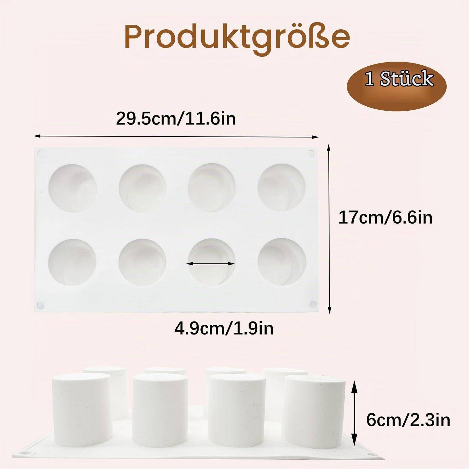 Produktgrößendiagramm für eine weiße 8-teilige Form: 29,5 x 17 cm, 4,9 cm Basisbr eite, 6 cm Höhe, gekennzeichnet mit „1 Stück".
