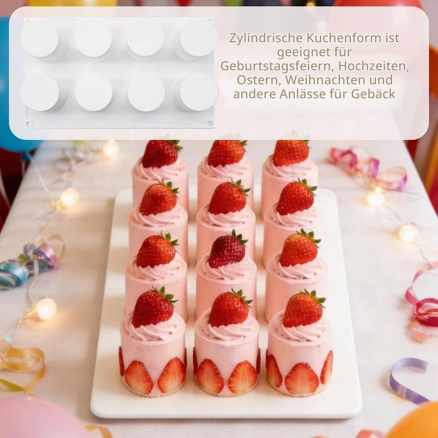 Erdbeerbelegte Mini-Kuchen auf einer Platte angeordnet, mit deutschem Text, der eine runde Backform für Geburtstage, Hochzeiten, Ostern, Weihnachten und andere Backgelegenheiten bewirbt.
