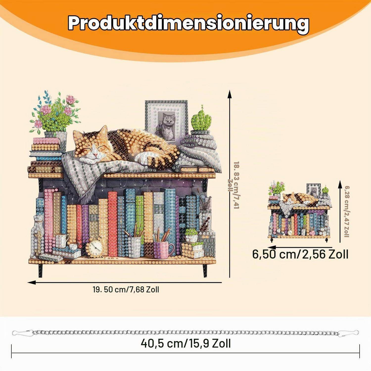 Produktdimensionsdiagramm, das eine schlafende Katze auf einem Bücherregal zeigt, mit Größenangaben von 40,5 cm Breite, 18,3 cm Höhe und einer kleineren Version mit 6,50 cm Breite und 8,28 cm Höhe.