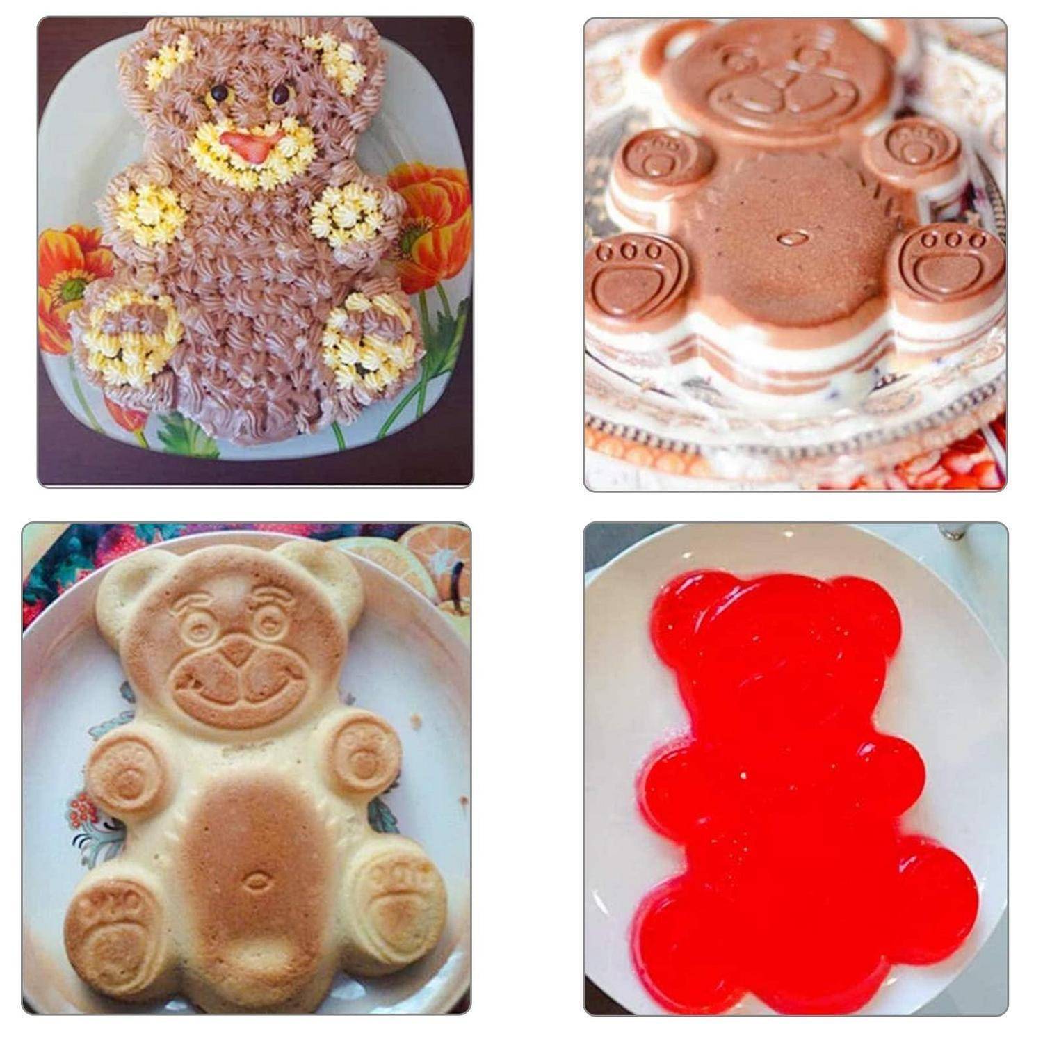 Vier teddybärförmige Desserts auf Tellern: zwei dekorierte Kuchen, ein einfacher gebackener Bärenkuchen und eine rote Gelatine-Bärform.