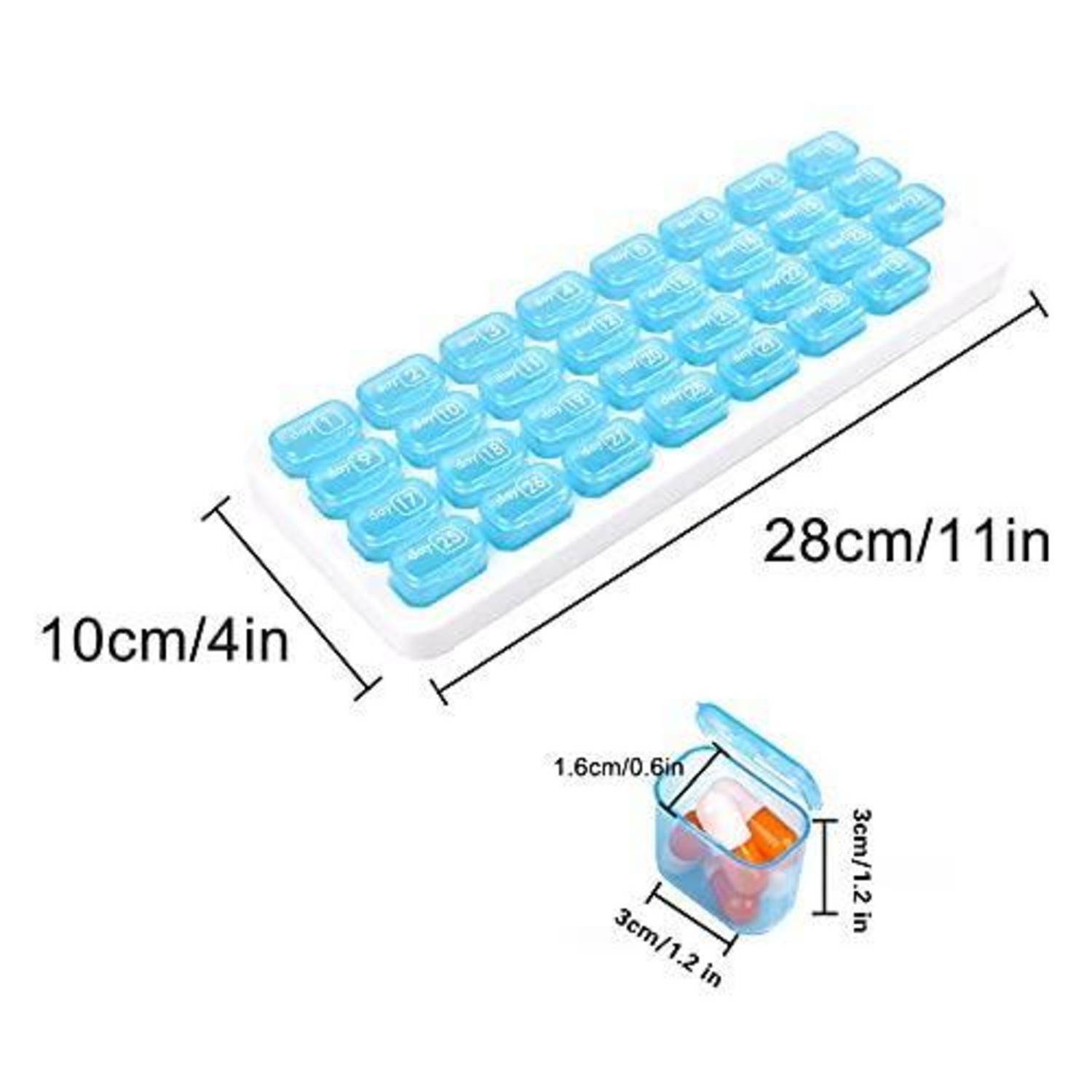 Produktbild eines 28 cm x 10 cm großen Tablettenorganizer-Tabletts mit 28 Fächern mit blauen Deckeln, plus eine kleine Tasche mit den Maßen 3 cm x 1,6 cm x 3 cm.