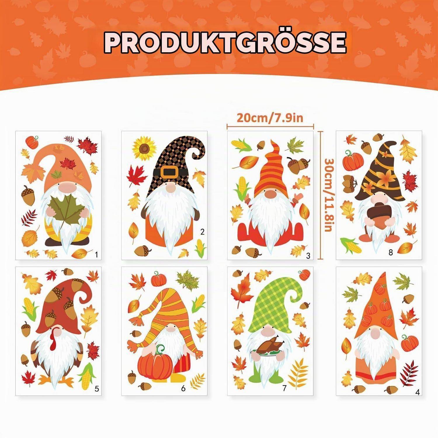 Produktgrößentabelle mit 8 Herbst-Zwergen in verschiedenen Hüten und Outfits, jeweils etwa 20 cm x 30 cm (7,9 Zoll x 11,8 Zoll).