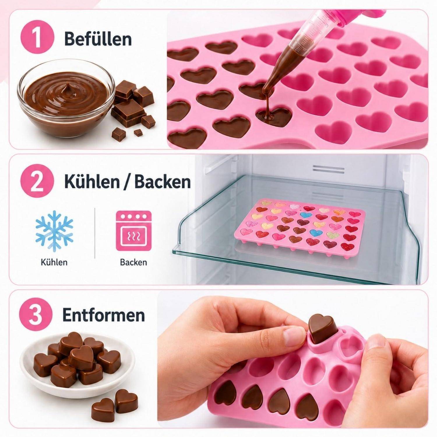 Dreischrittliche Schokoladenherz-Formen: Mit geschmolzener Schokolade füllen, kühlen oder backen, dann die herzförmigen Schokoladen aus der rosa Silikonform entfernen.