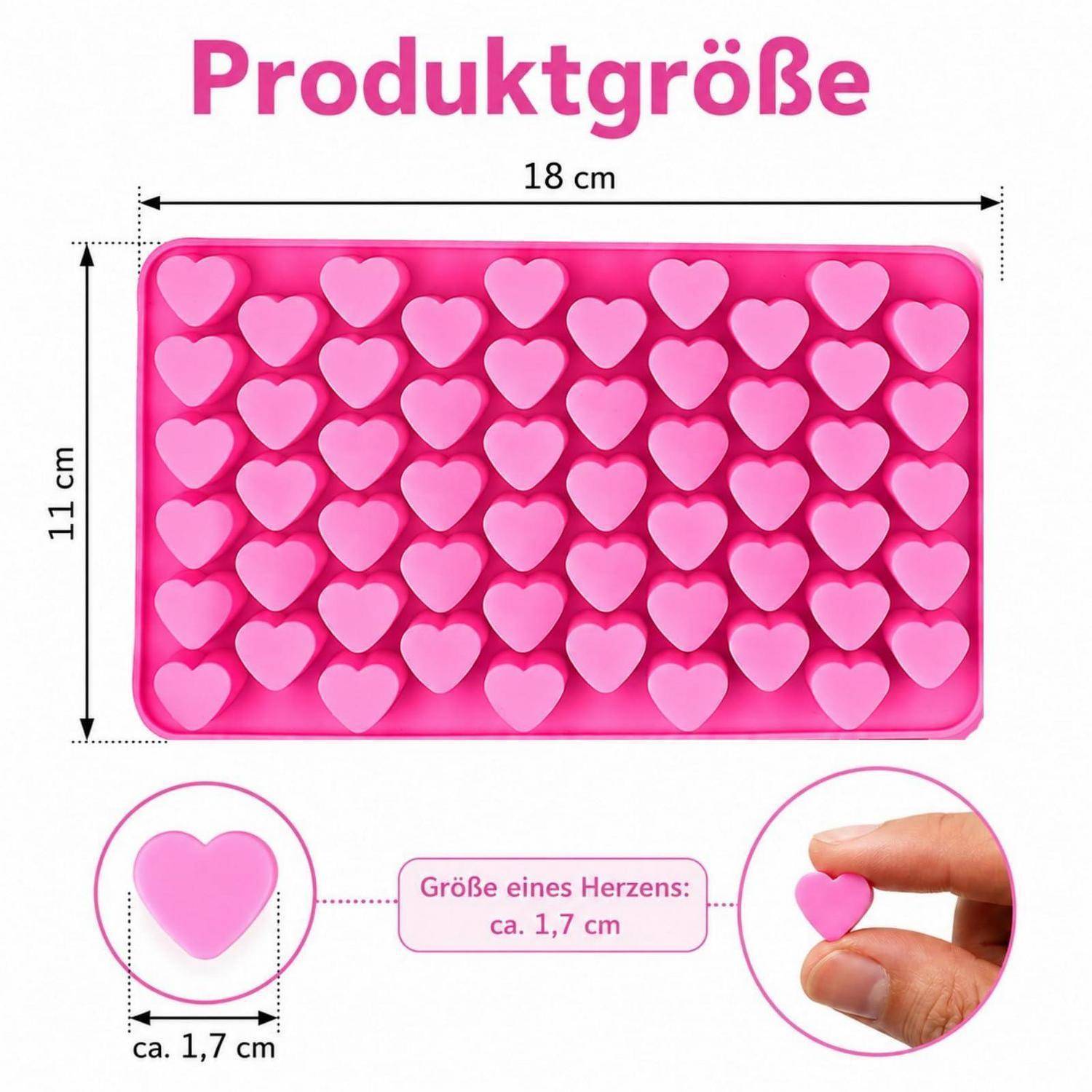 Diagramm mit dem Titel „Produktgröße" zeigt ein rosa herzförmiges Tablett mit den Maßen 18 cm x 11 cm; jedes Herz ist etwa 1,7 cm groß und wird zwischen den Fingern gezeigt, um die Größe zu verdeutlichen.