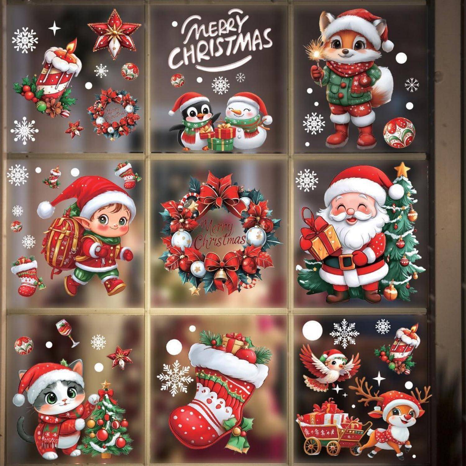 Ein 3x3-Raster von Weihnachtsillustrationen: Weihnachtsmann, Elfen, Kränze, Strümpfe, Schneeflocken, ein Geschenkssack, ein Pinguin und Rentiere in festlichem Rot und Grün.