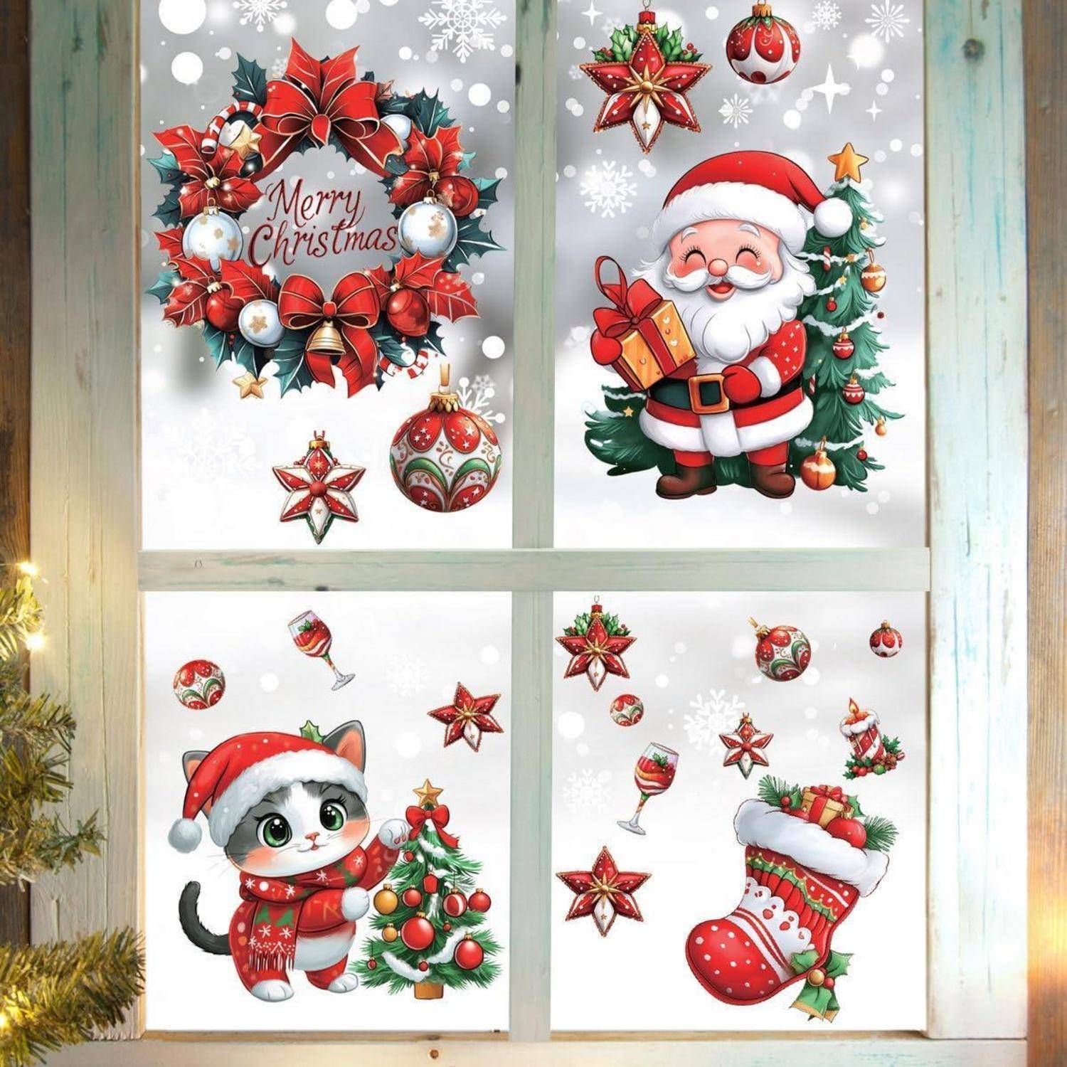Vierteiliges Weihnachtsfensterdeko mit Kranz, auf dem "Frohe Weihnachten"" steht, Weihnachtsmann, Katze und Strumpfsilhouetten mit Verzierungen und Schneeflocken.
