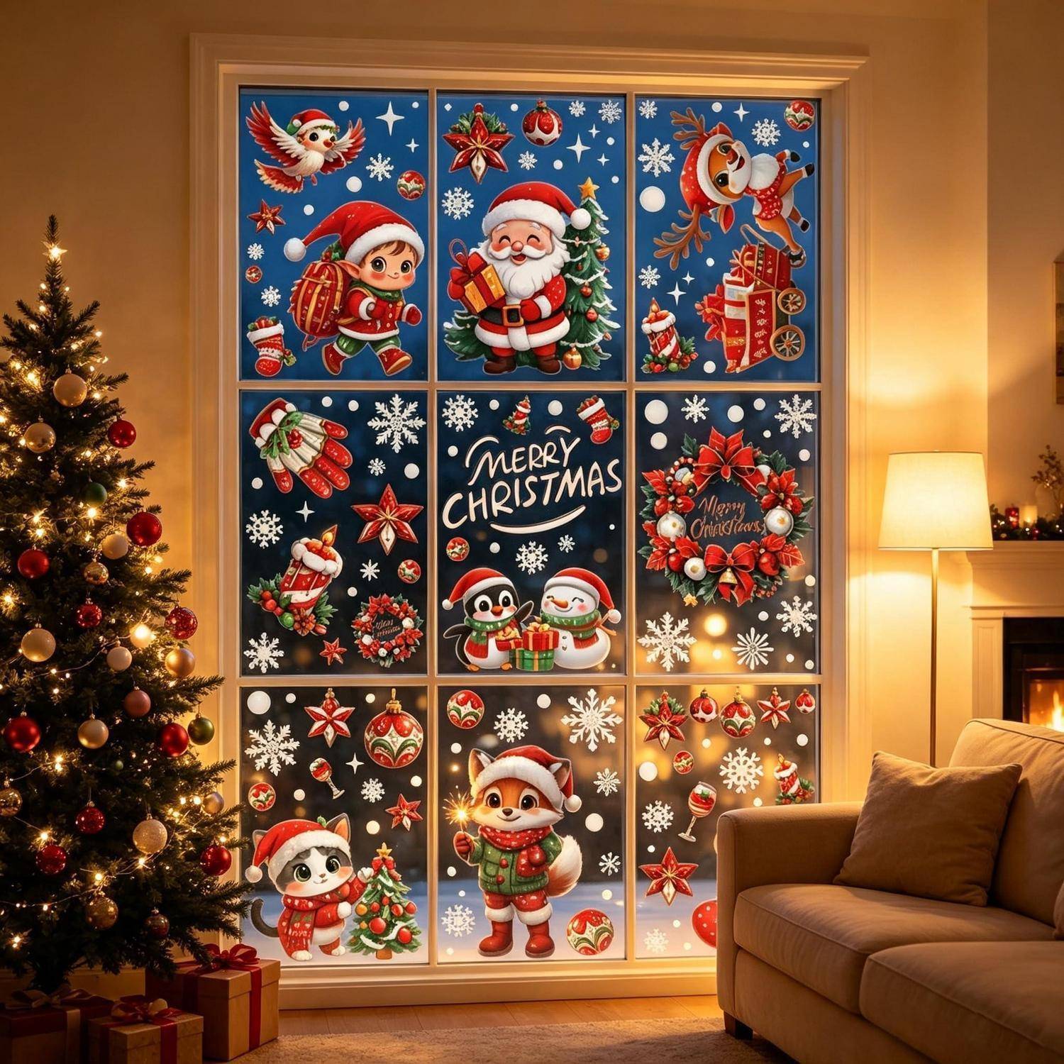 Festliches Wohnzimmer mit einem Weihnachtsbaum und einer großen Fensterausstellung mit Cartoon-Weihnachtspanelen mit der Aufschrift „FROHE WEIHNACHTEN" und „Frohe Weihnachten"".