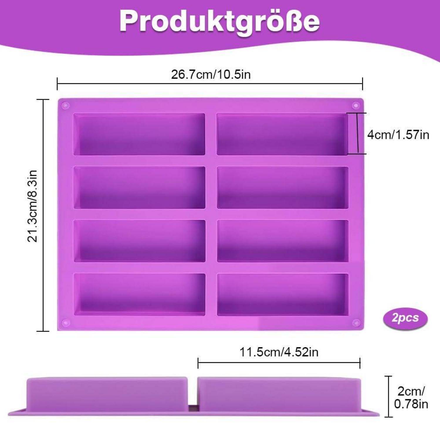 Violettes 8er-Hohlraum-Rechteckform-Diagramm mit der Bezeichnung „Produktgröße" mit Produktabmessungen: 26,7 x 21,3 cm, Hohlraumgröße 11,5 x 2 cm, Höhe 4 cm; 2 Stück.