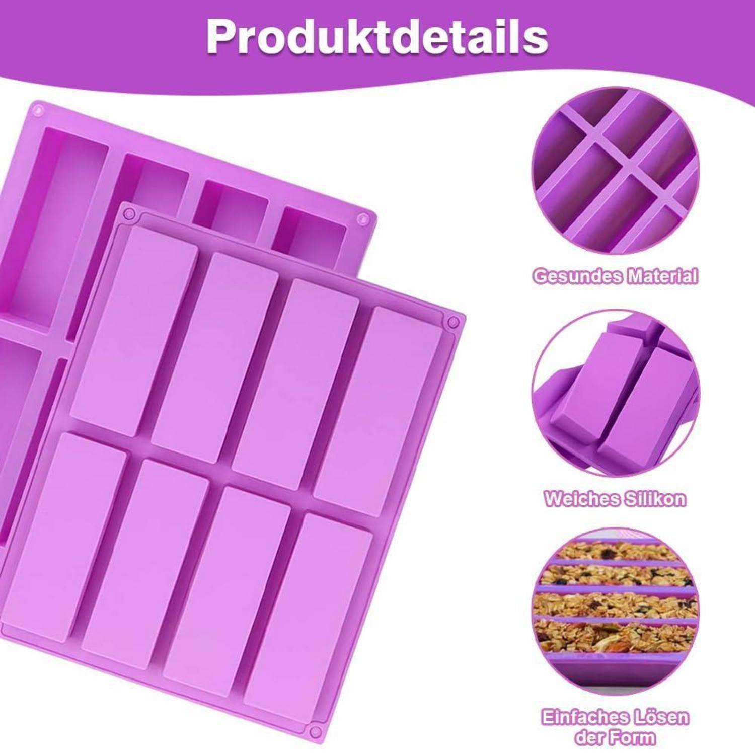 Lila Silikonform-Tablett mit acht rechteckigen Vertiefungen; Produktdetails heben gesundes Material, weiches Silikon und leichte Entformung von Formen hervor.