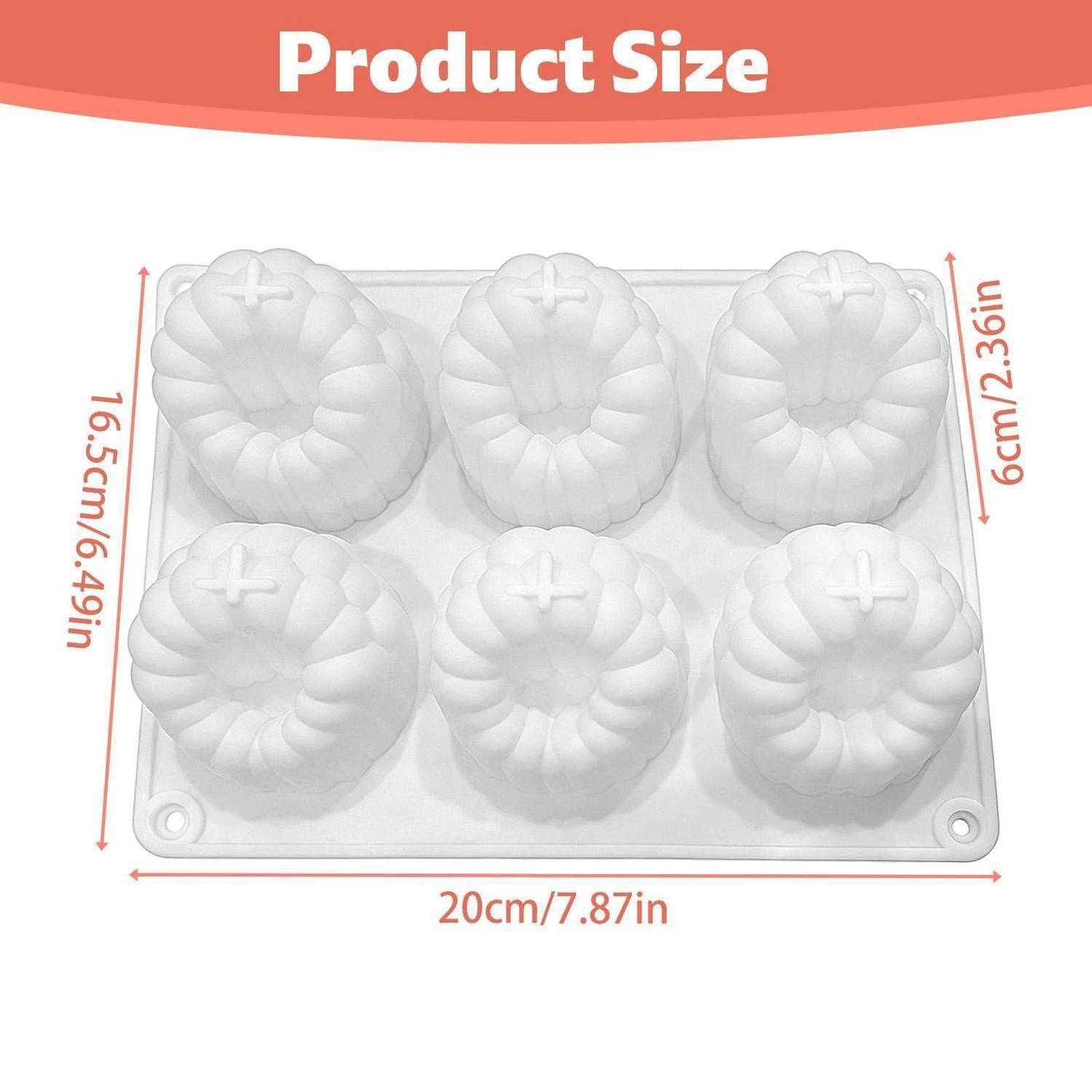 Produktgrößendiagramm mit einem 6-Kavitäten-Form, 20 cm breit, 16,5 cm lang und 6 cm tief.