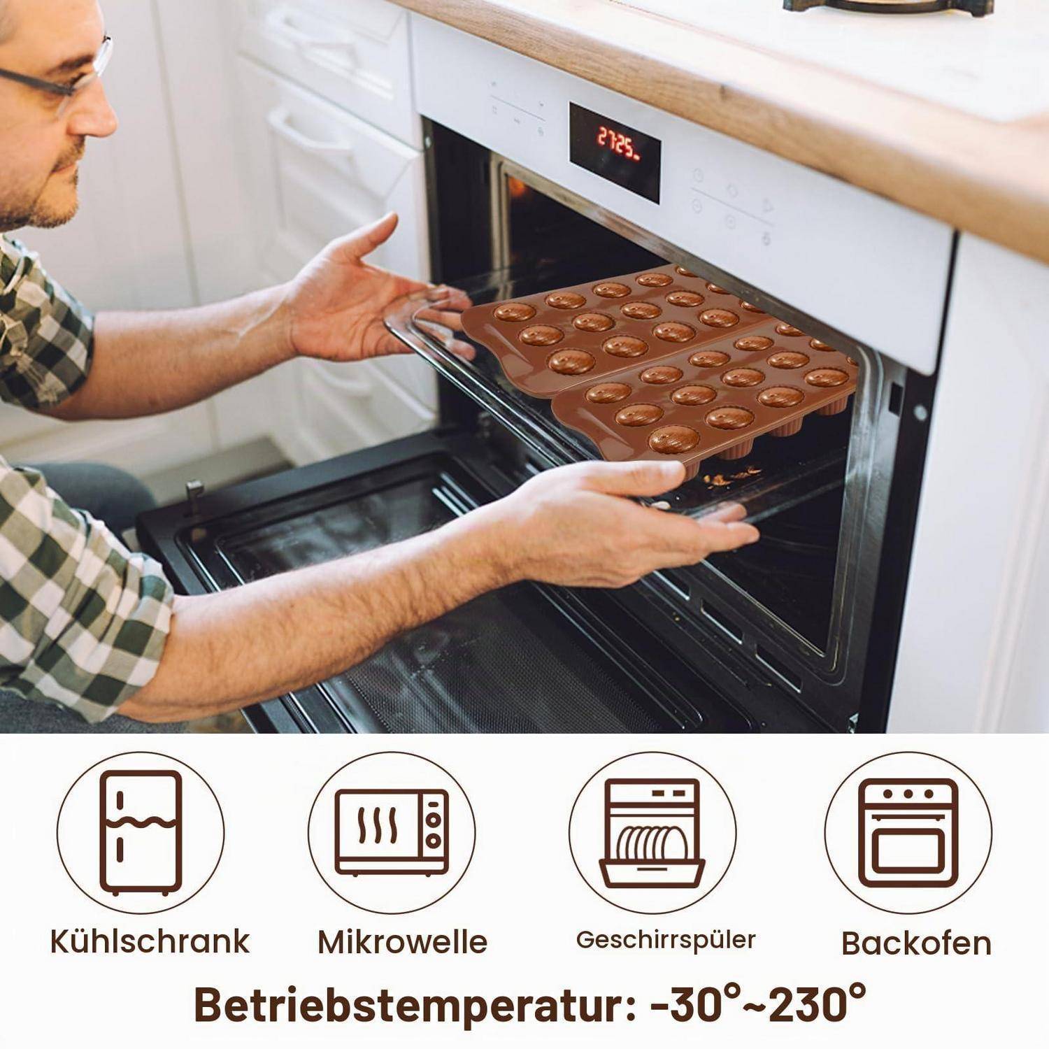 Mann, der ein Backblech in einen Ofen schiebt; darunter deutsche Symbole für Kühlschrank, Mikrowelle, Geschirrspüler und Ofen mit „Betriebstemperatur: -30°~230°