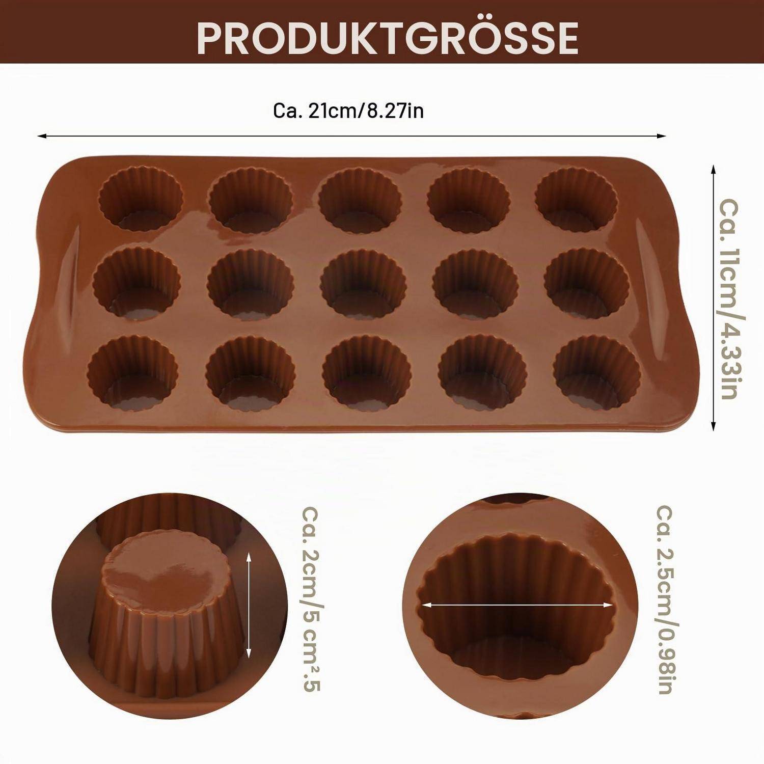 Produktgrößendiagramm eines braunen Muffinblechs für 12 Mini-Muffins, etwa 21 cm x 11 cm, mit Bechermaßen von 2 cm Höhe und 2,5 cm Breite.