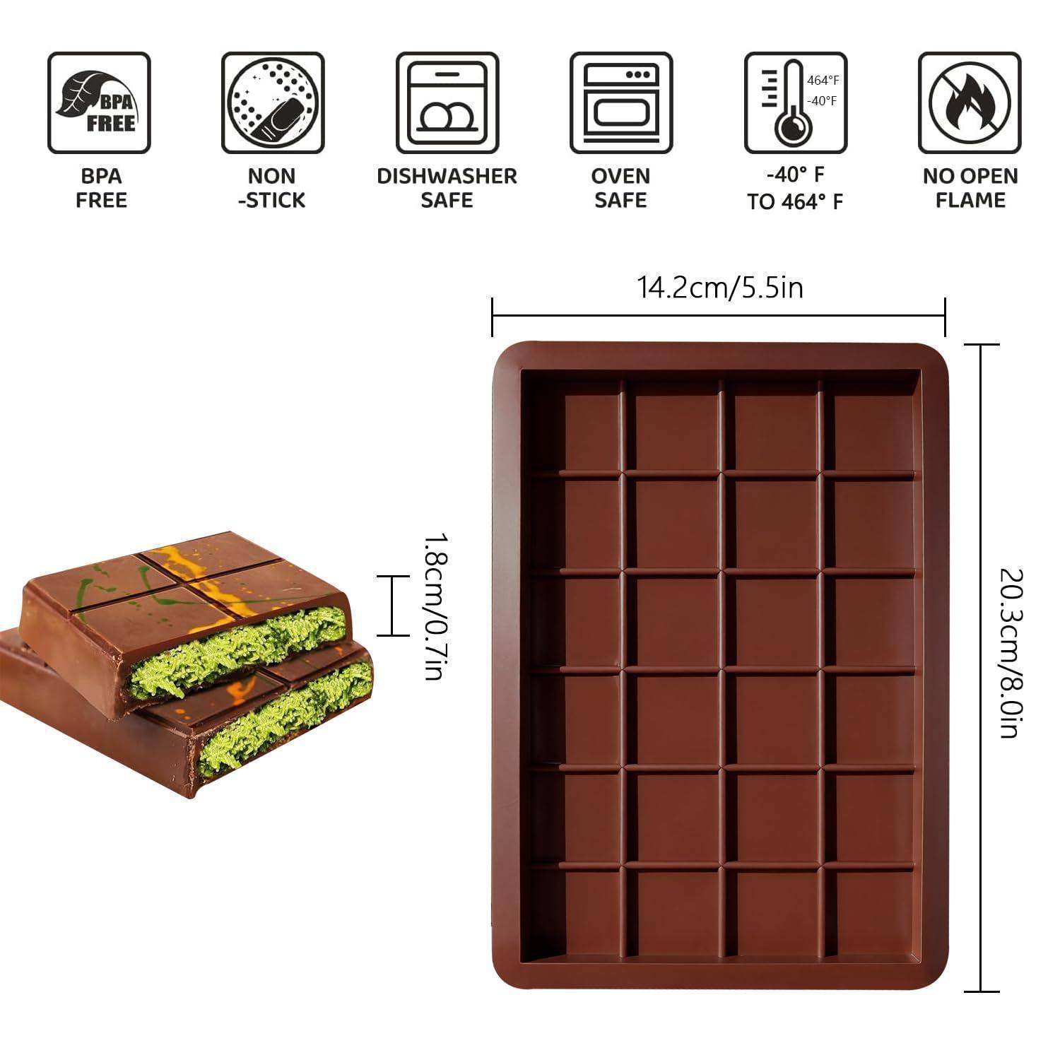 Silikon-Riegelform für Schokolade oder Brownies, dargestellt mit Abmessungen von 14,2 x 20,3 cm und Symbolen für BPA-frei, antihaftend, spülmaschinen- und backofenfest, sowie -40°F bis 464°F.