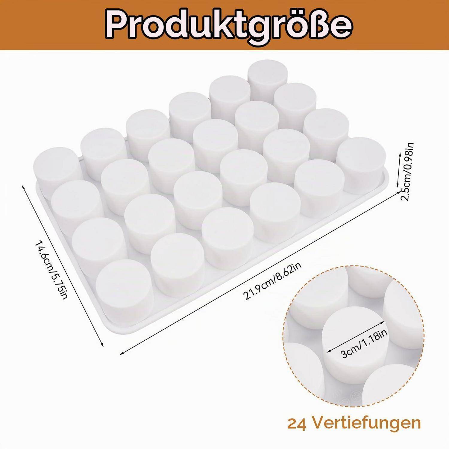 Produktgrößendiagramm eines Tabletts mit 24 runden Vertiefungen, beschriftet mit 21,9 cm x 14,6 cm x 2,5 cm; jede Vertiefung ist 3 cm breit.