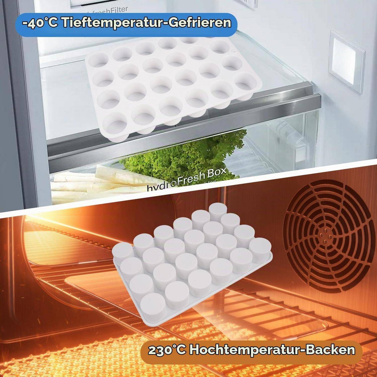 Geteiltes Bild zeigt ein Tablett in einem Gefrierschrank bei -40°C und in einem Ofen bei 230°C und zeigt die Verwendung beim Tiefgefrieren und Hochtemperatur-Backen.